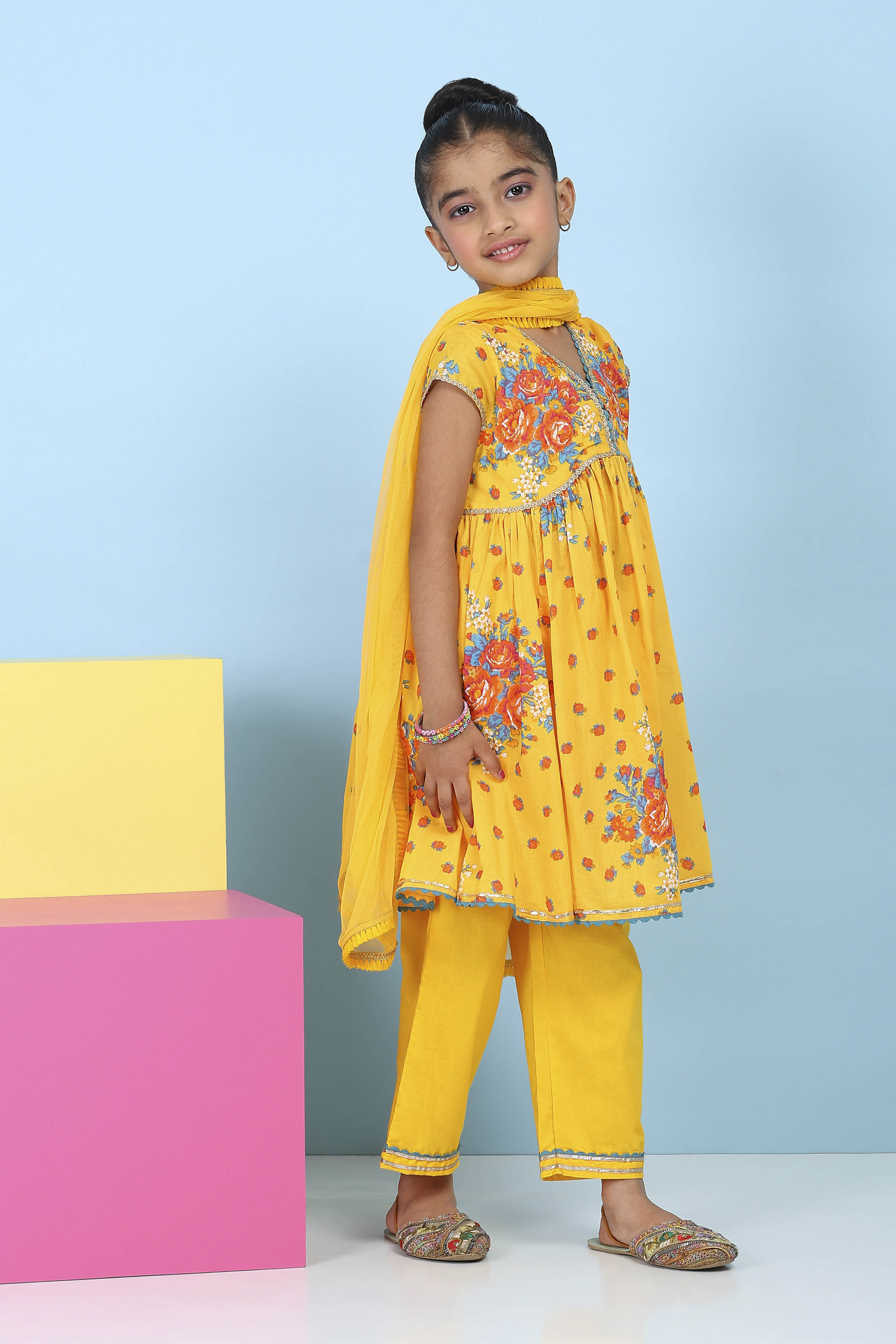 Yellow Cotton Floral Printed Anarkali Suit Set image number 8