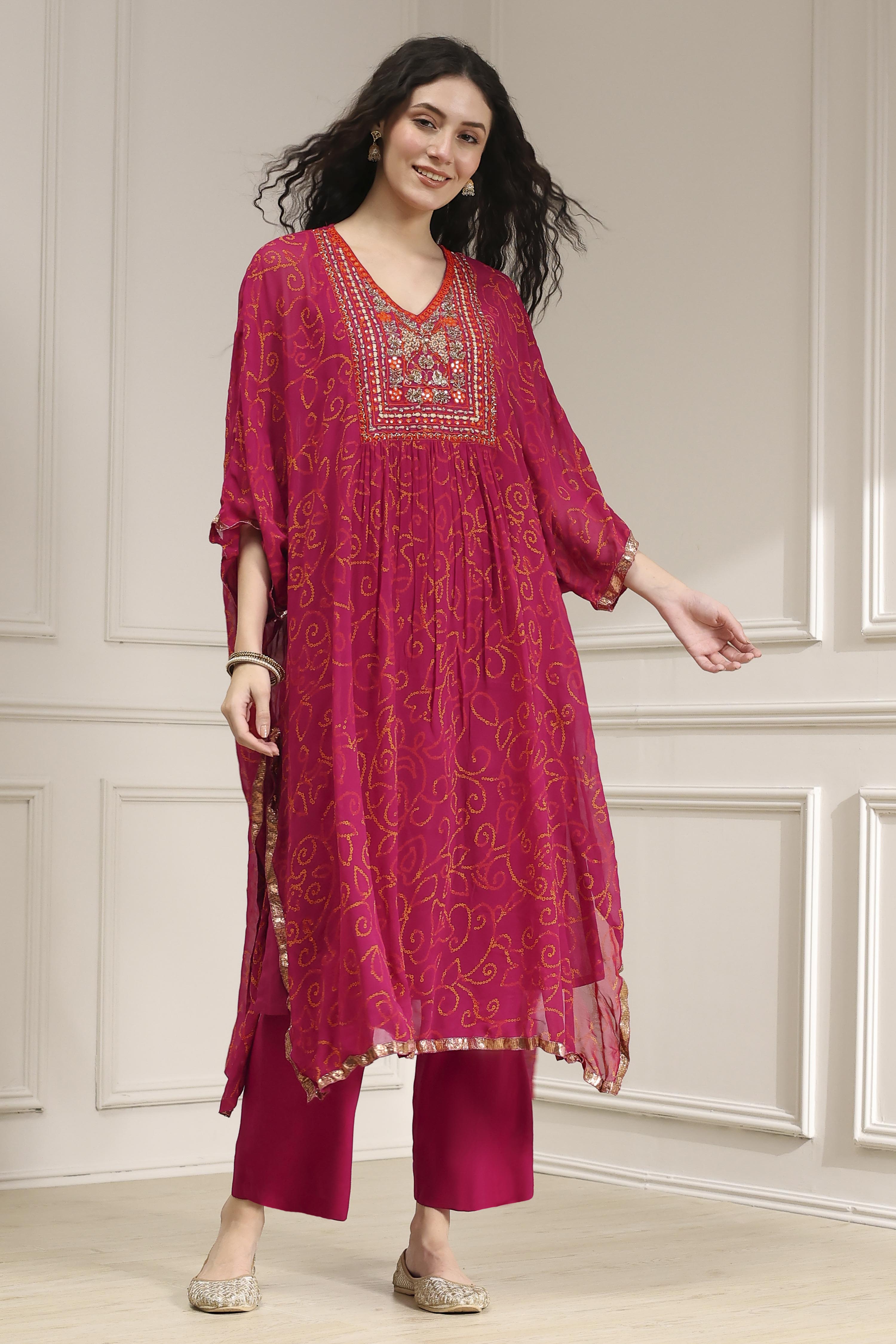 Red Printed Kaftan Style Kurta Set image number 0