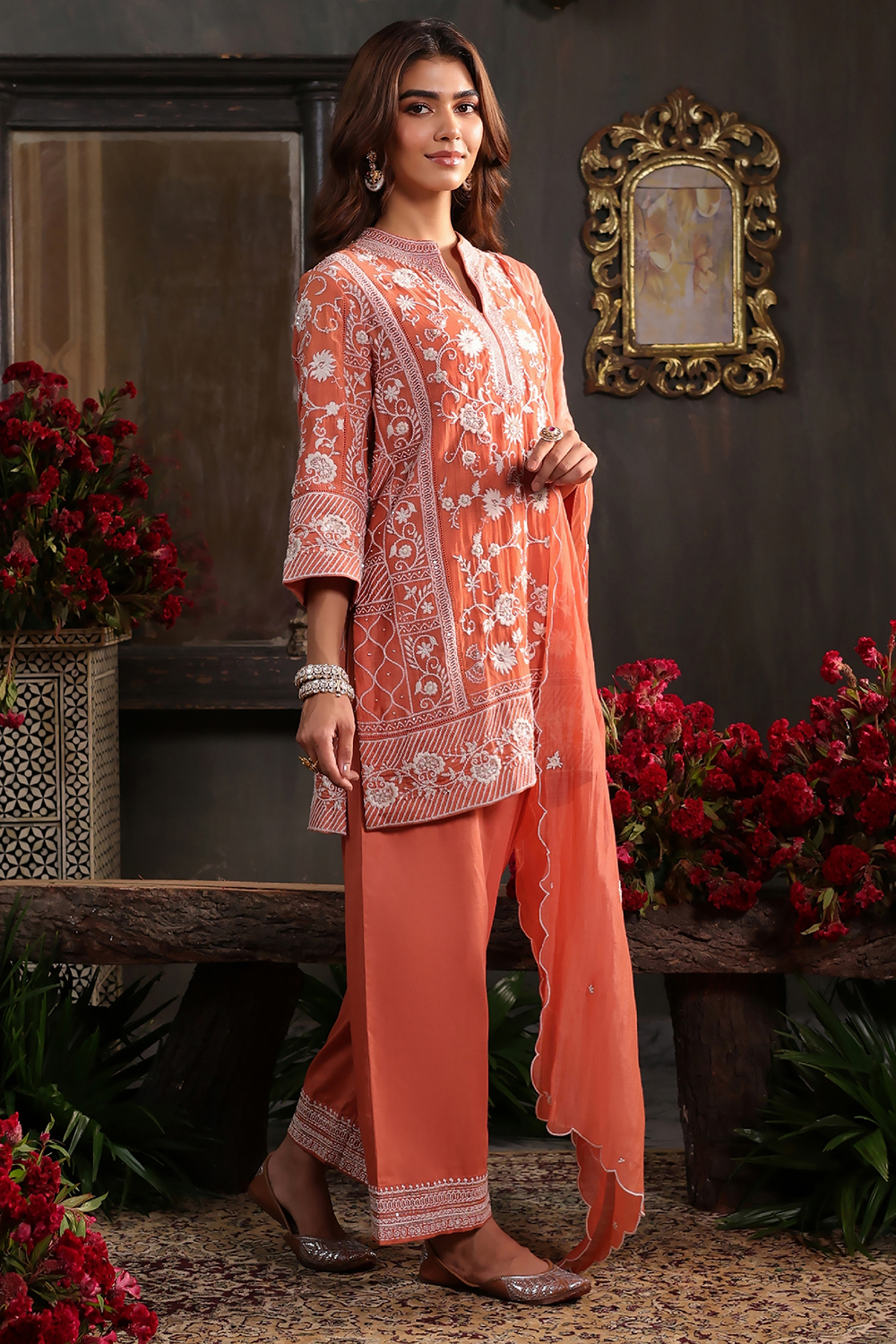 Earthy Blue Chanderi Embroidered Straight Suit Set image number 2