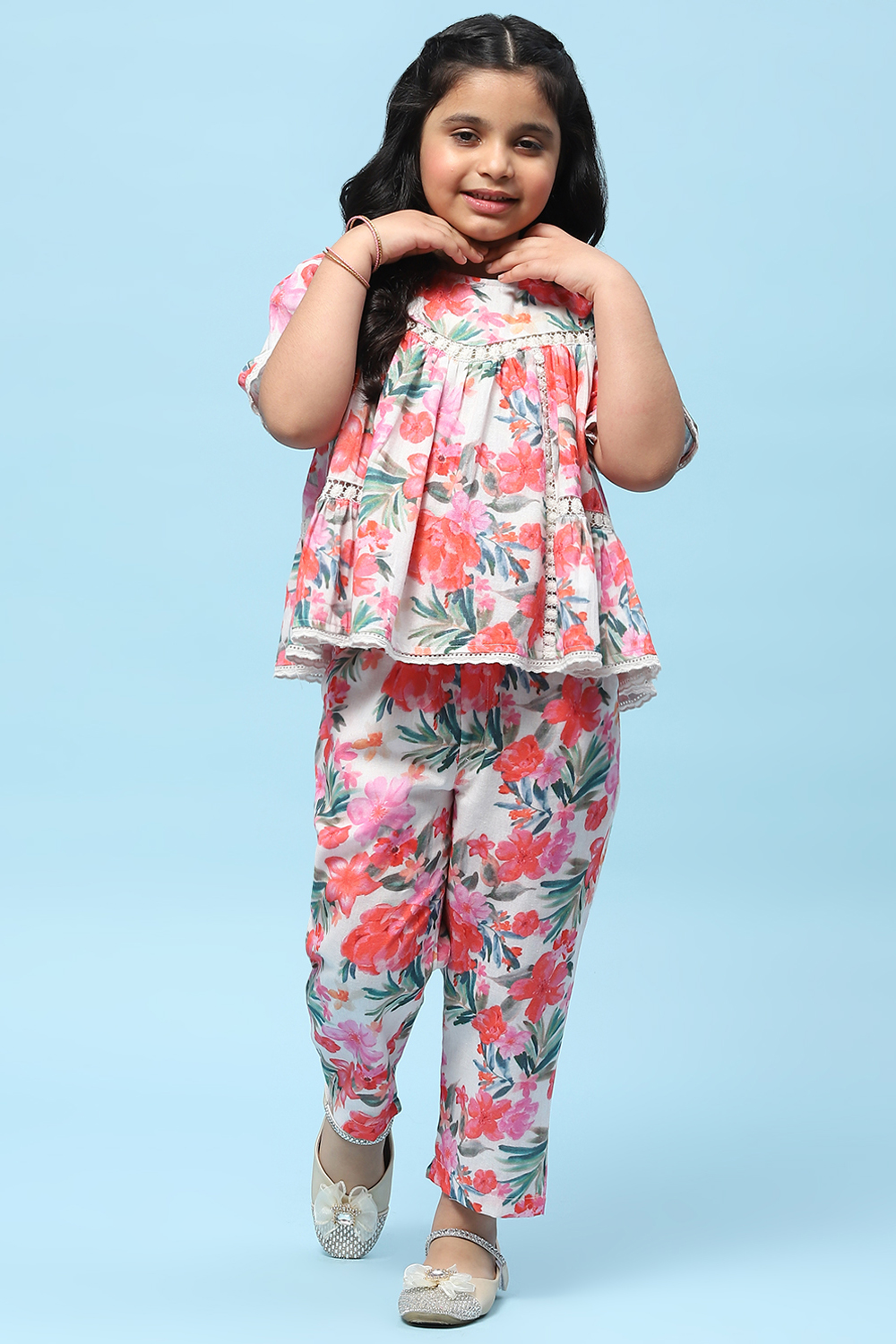 Off-White Pure Cotton Floral Print Top and Pant Set image number 6