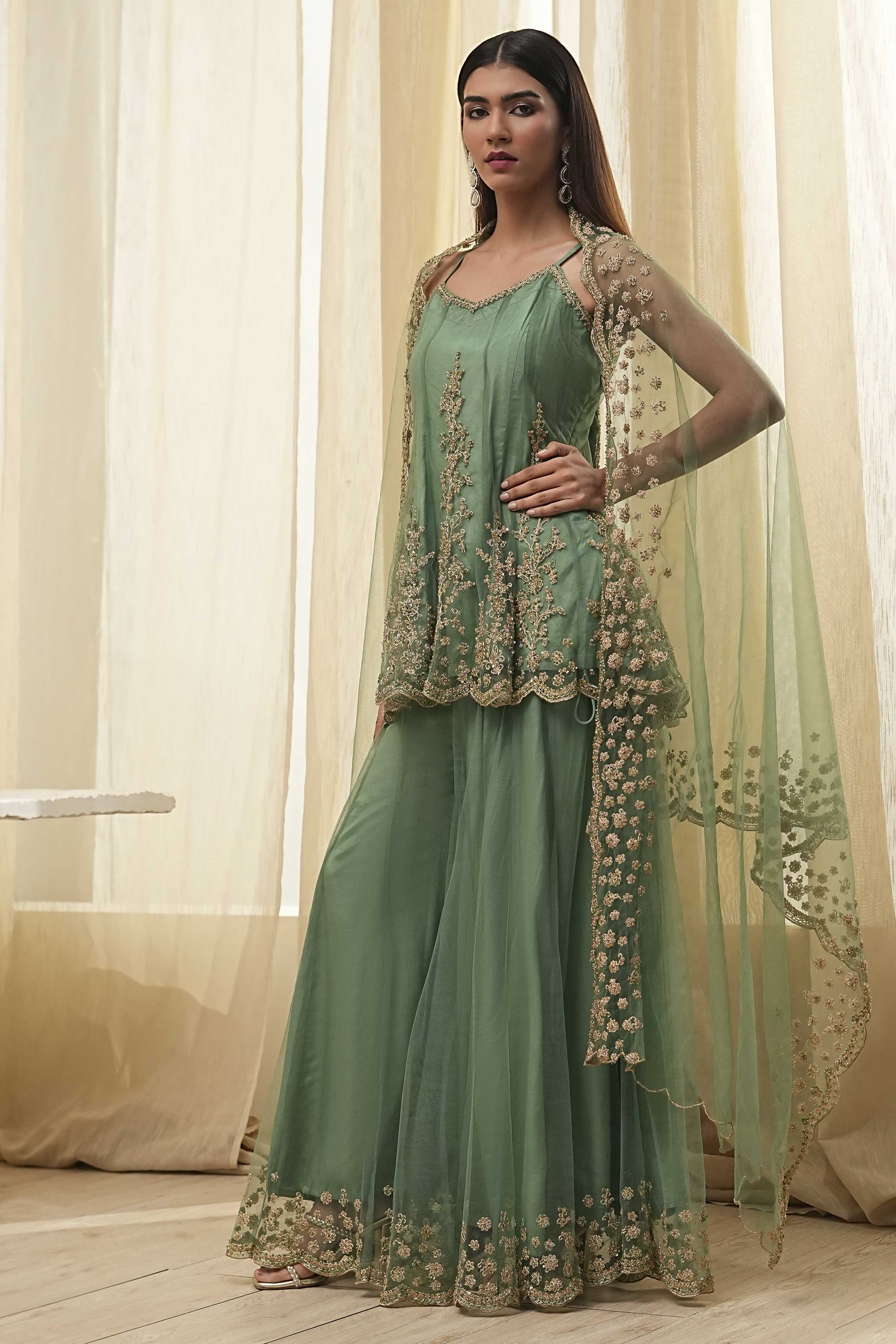 Green Net Embroidered Kalidar Suit Set image number 3