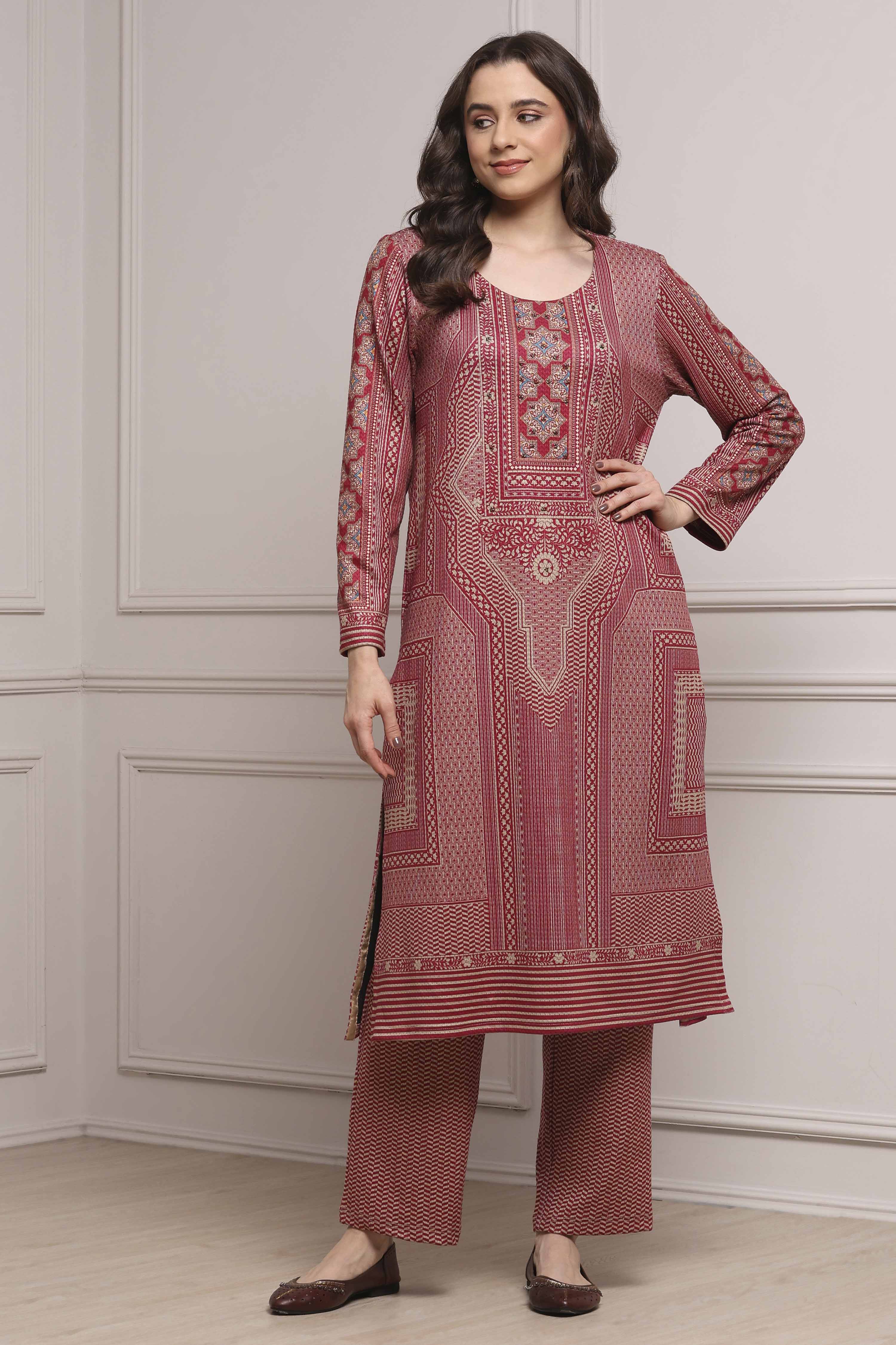 Pink Polyester Straight Printed Kurta Set image number 0