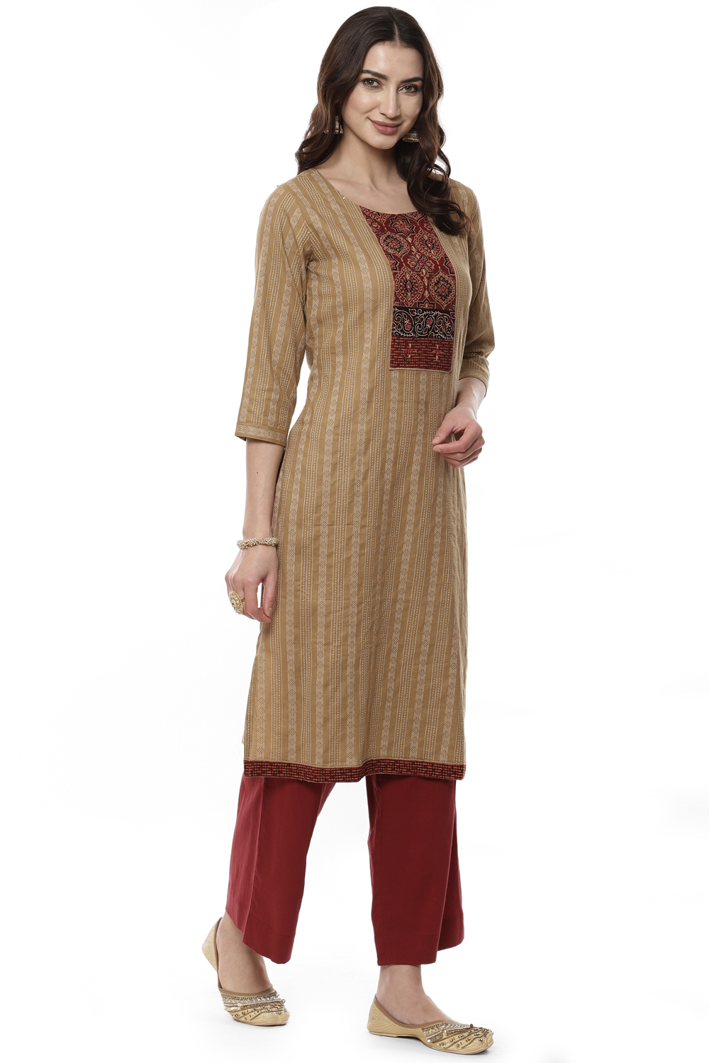 Beige Cotton Handloom Unstitched Suit Set image number 6