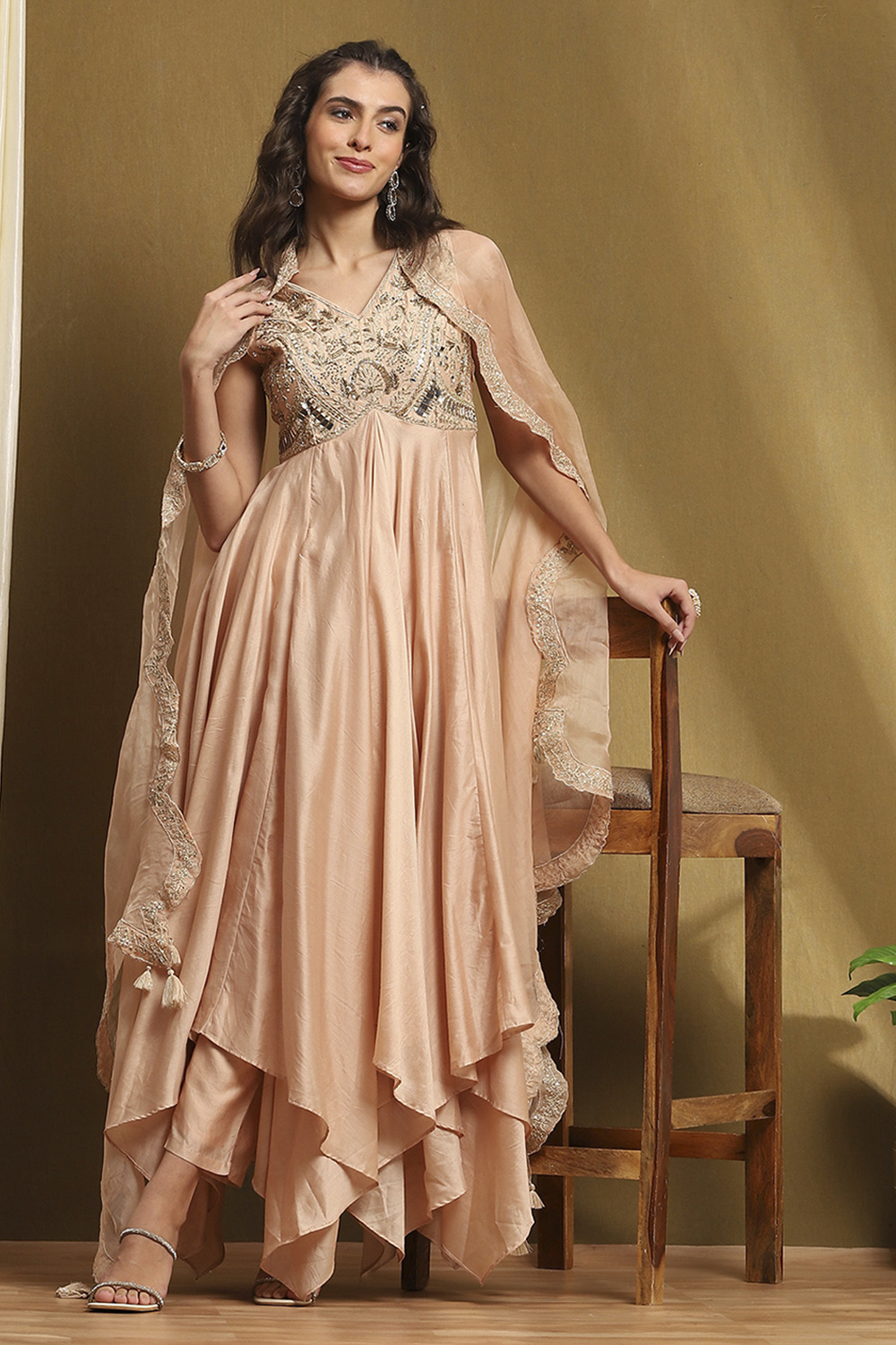 Beige Silk Chanderi Embroidered Asymmetric Suit Set image number 0