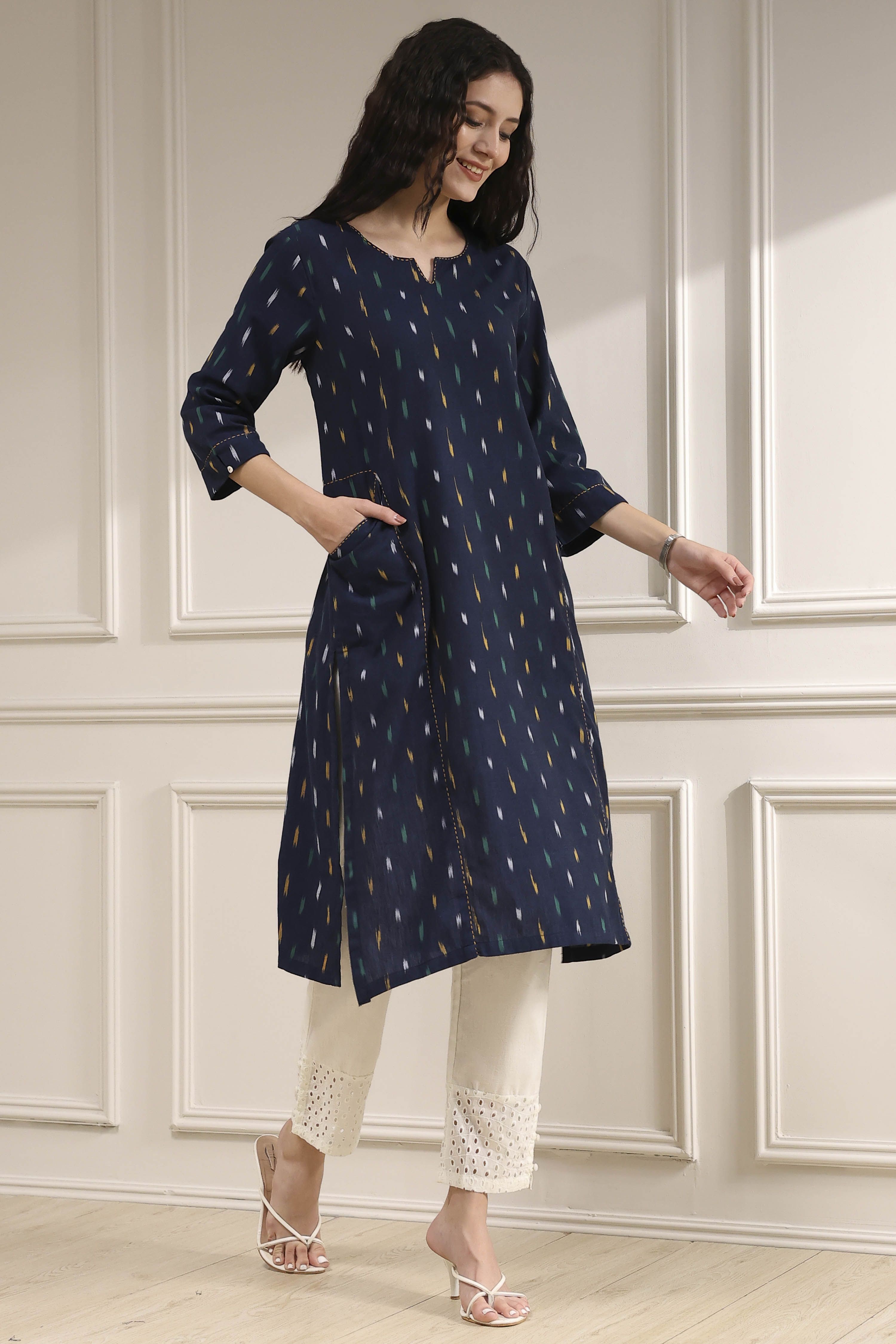 Indigo Blue Cotton Ikat Straight Kurta image number 4