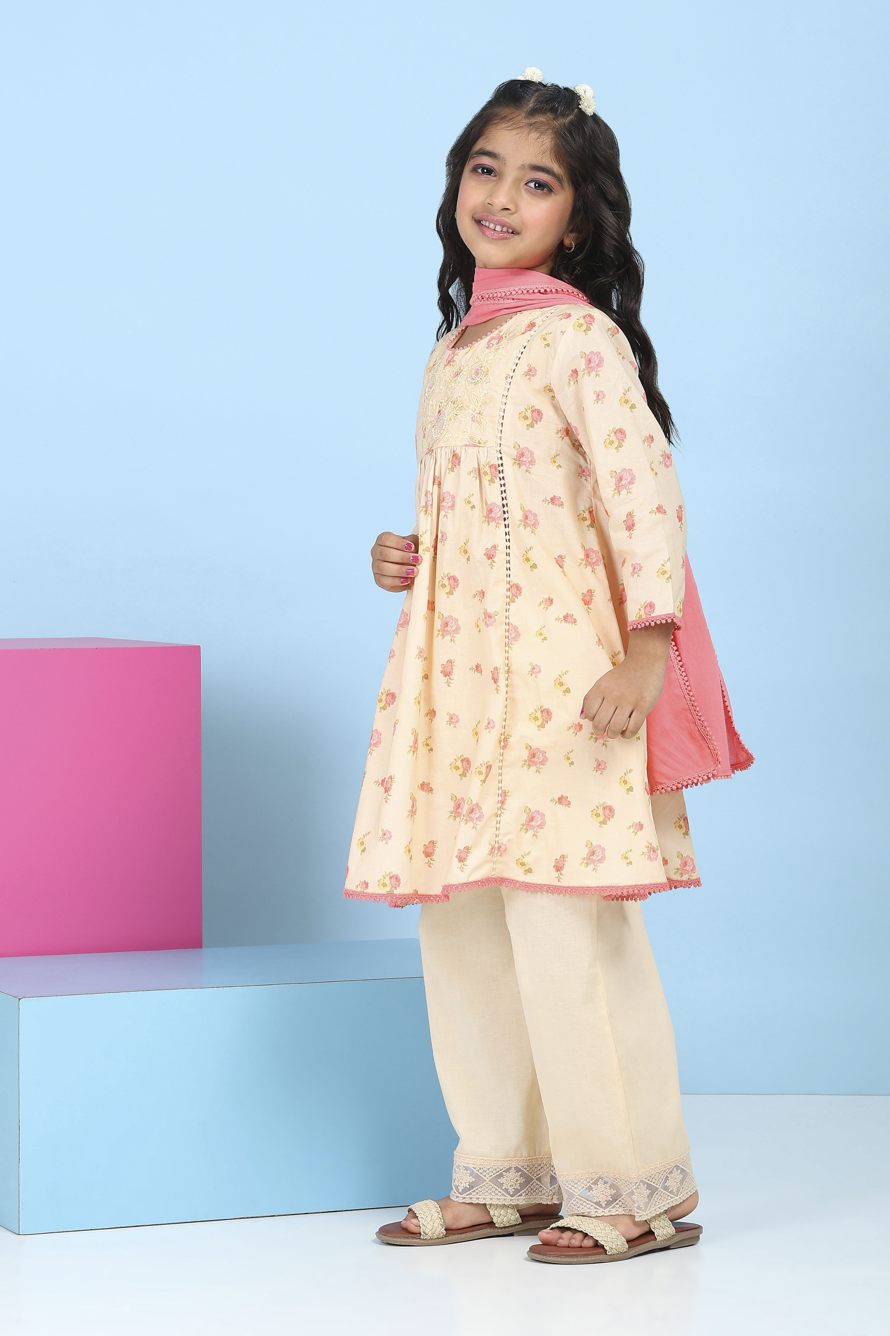 Peach Cotton Floral Printed A-Line Suit Set image number 3