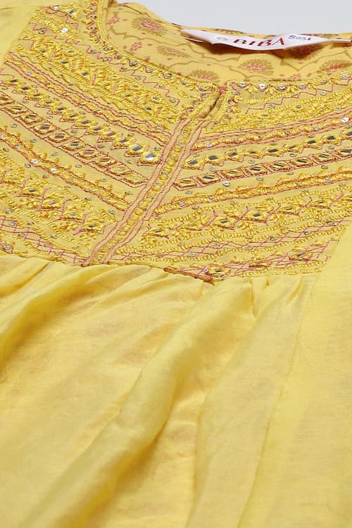 Yellow Cotton Blend Kalidar Kurta Pants Suit Set image number 1