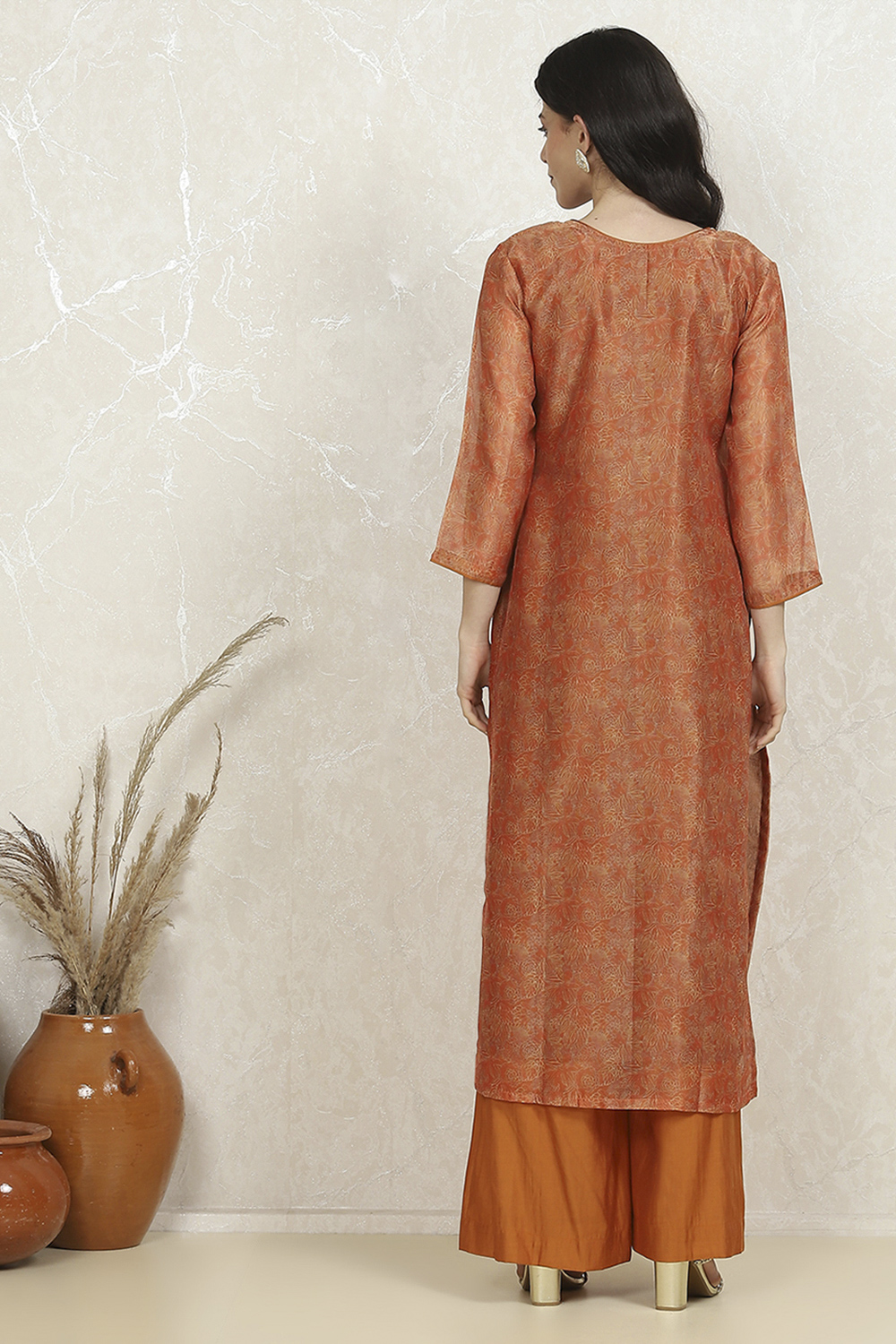 Orange Cotton Printed Embroidered Unstitched Suit Set image number 5