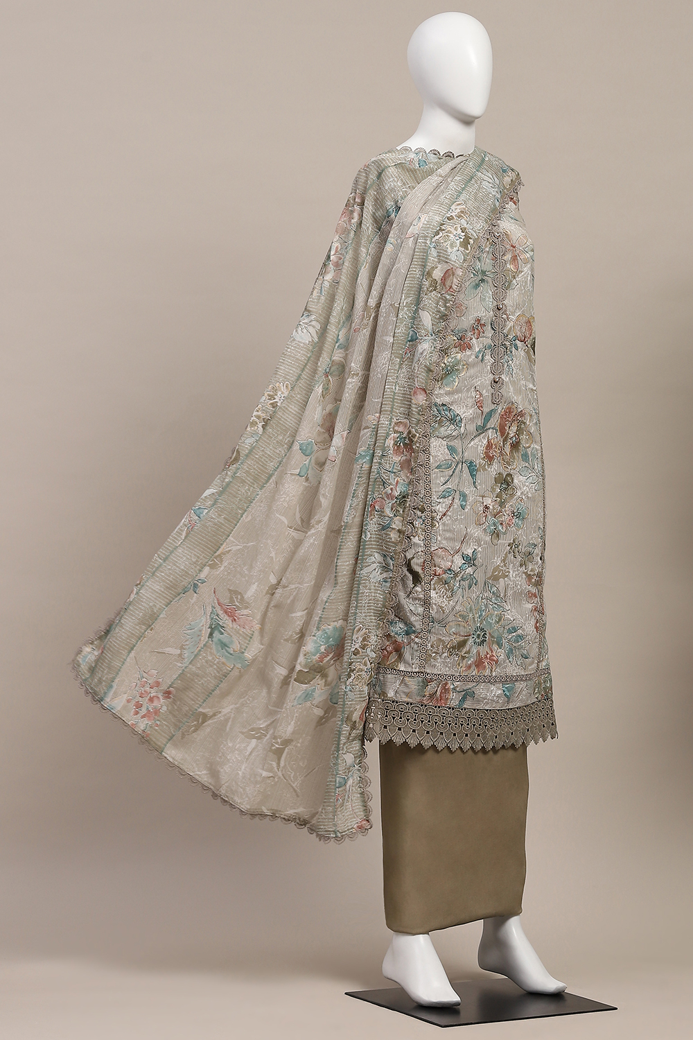 Grey Cotton Printed Unstitched Suit Set image number 4