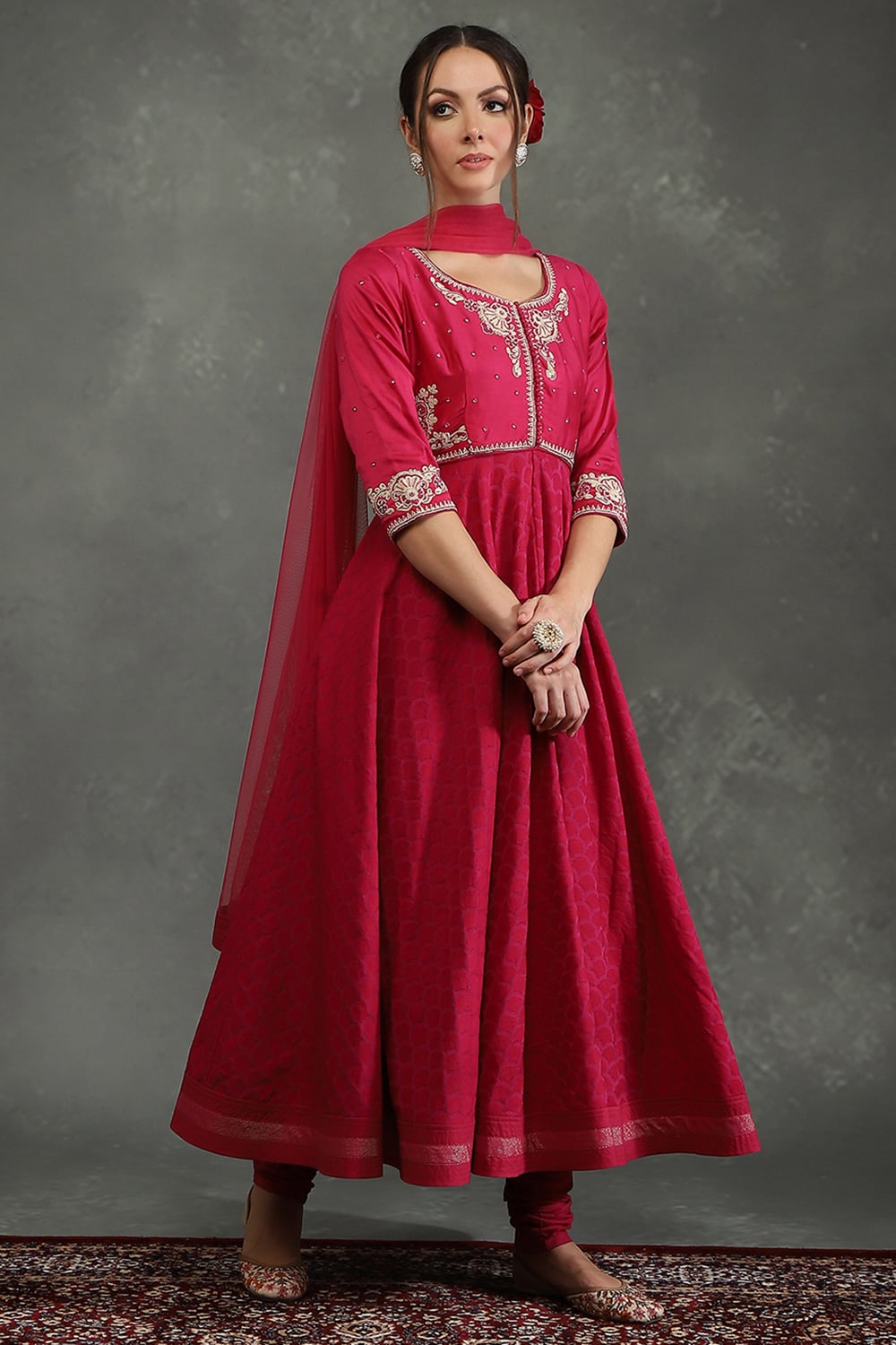 Cream-Toned Silk Chanderi Floral Anarkali Suit Set image number 5