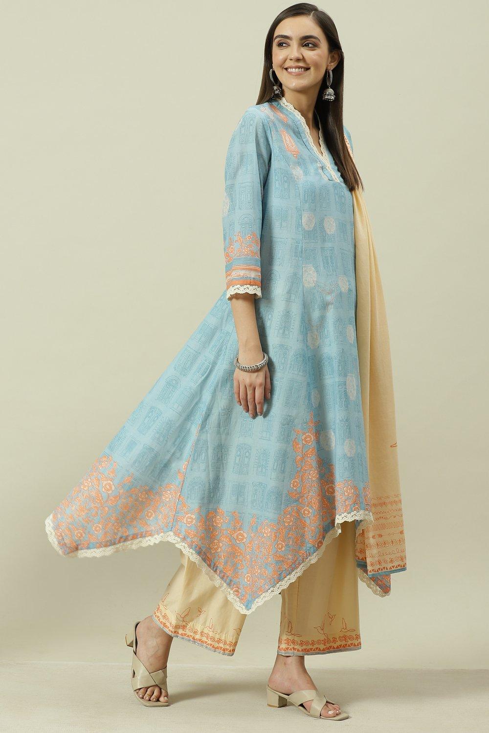Pale Blue Cotton Kalidar Kurta Palazzo Suit Set image number 5