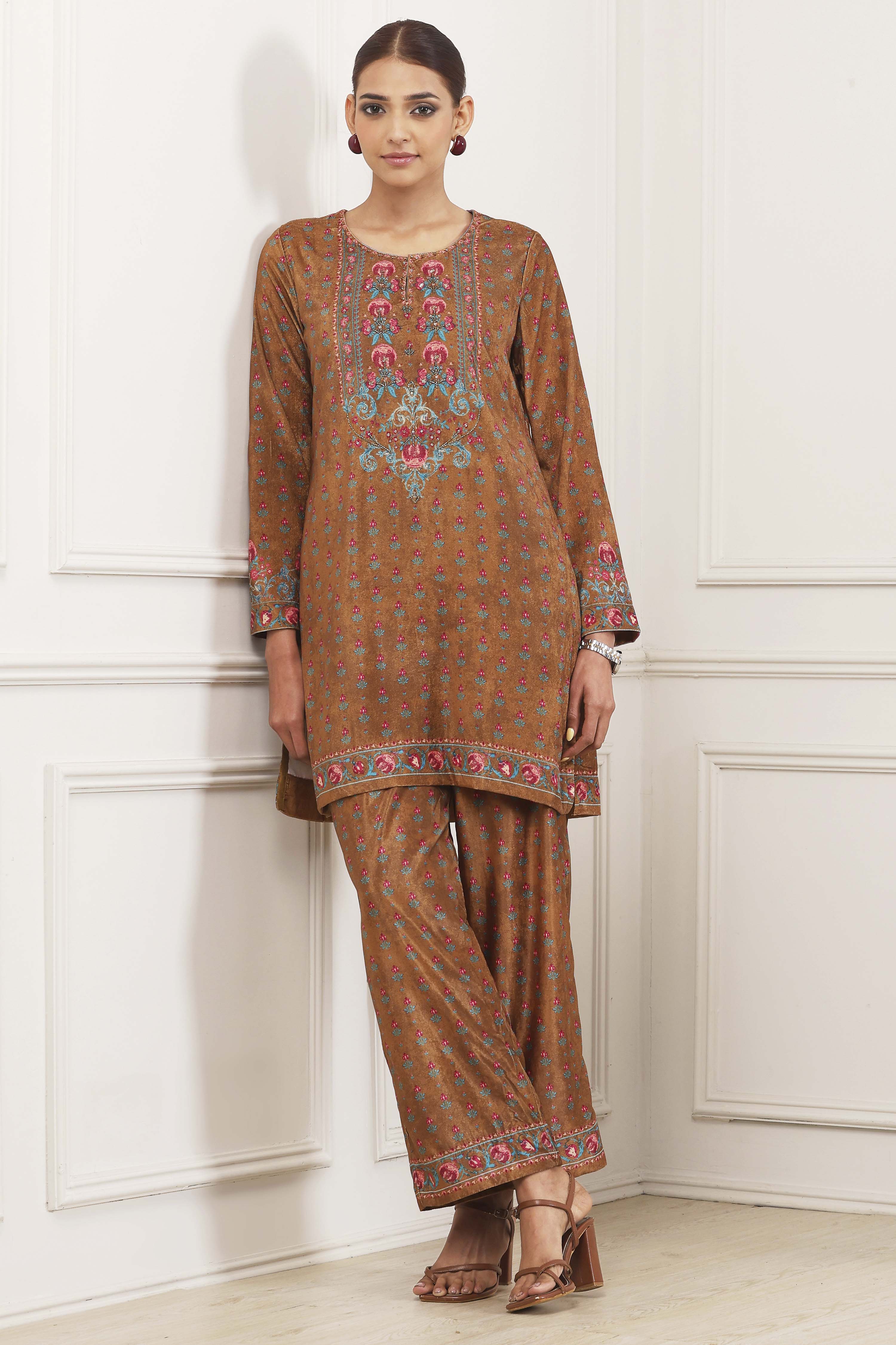 Ochre Yellow Polyester Printed Kurta Pants Set image number 0