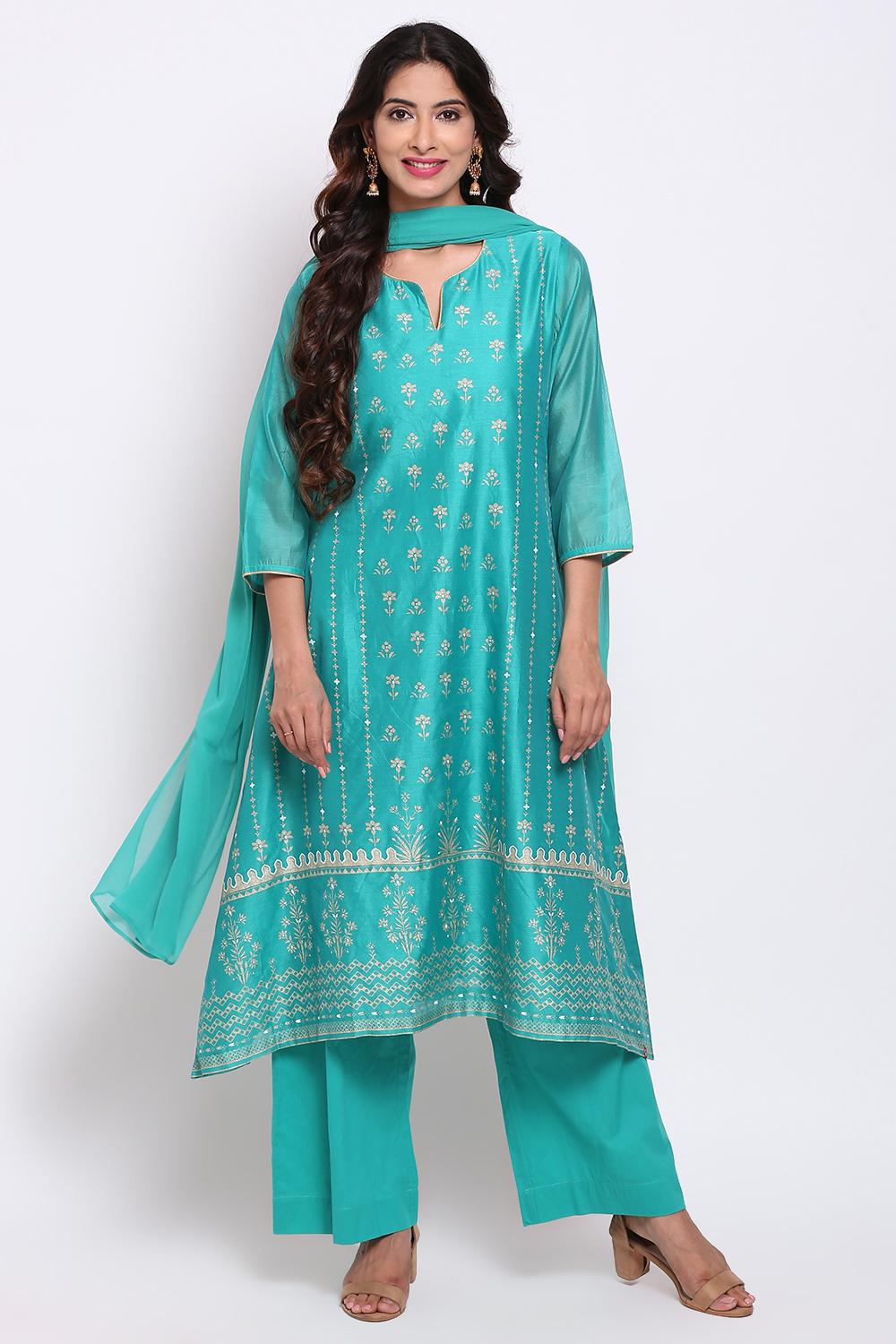Green Straight Kurta Palazzo Suit Set image number 0