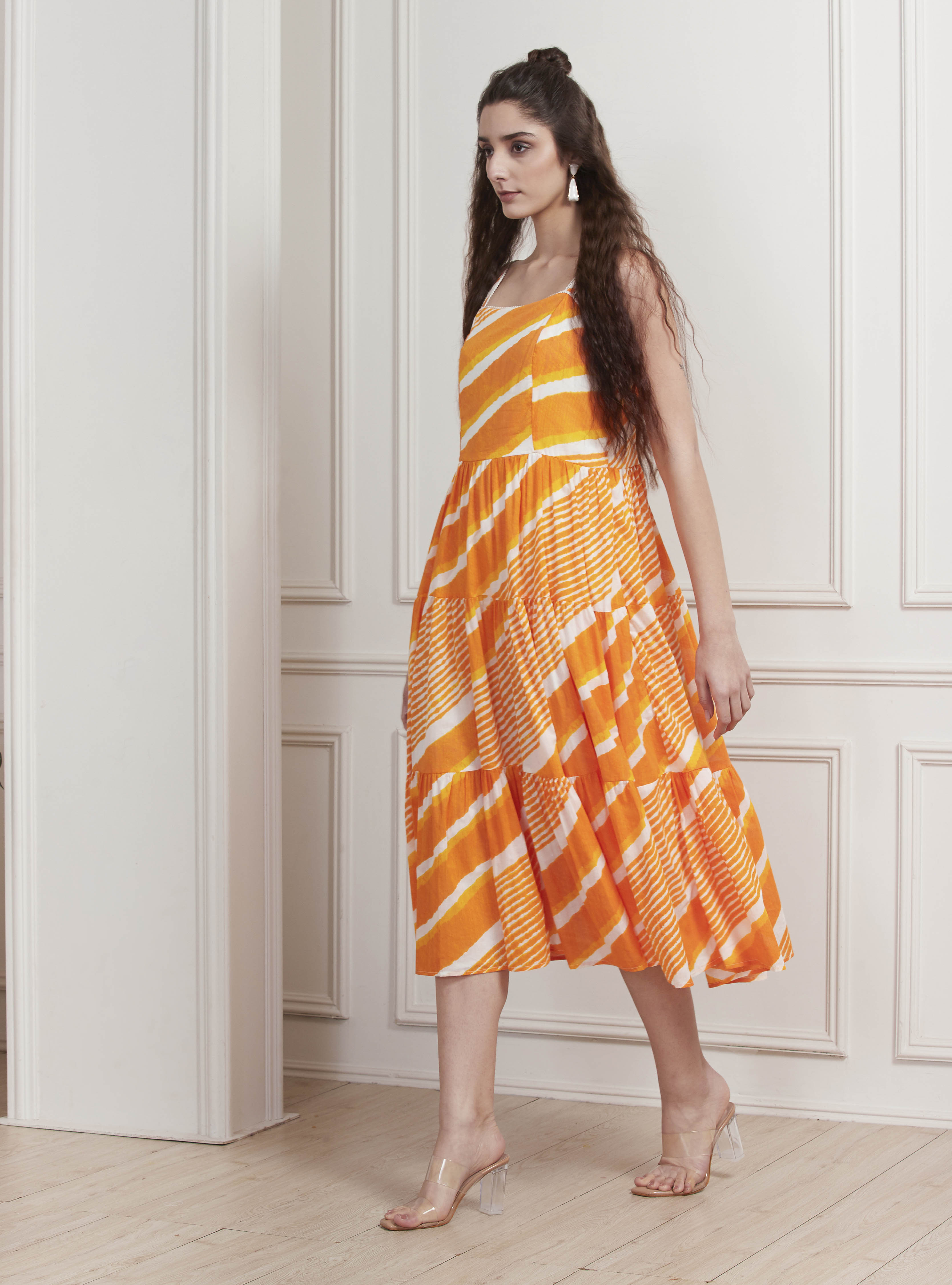 Yellow Cotton Printed Tiered Dress image number 2