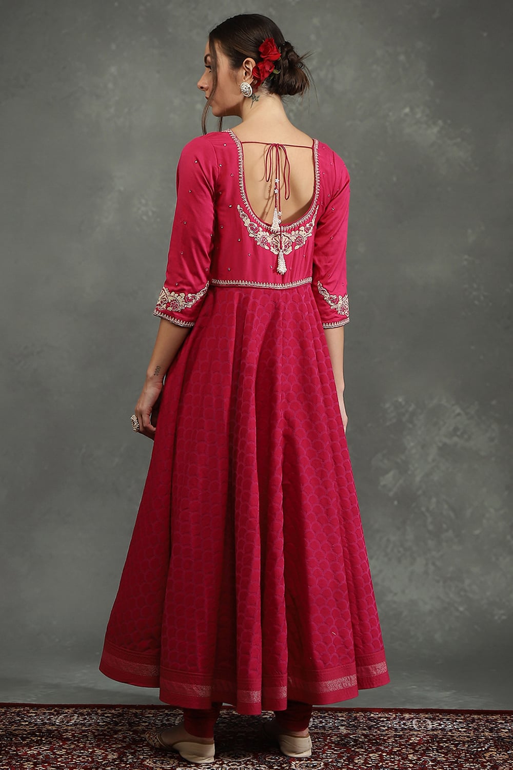 Cream-Toned Silk Chanderi Floral Anarkali Suit Set image number 4