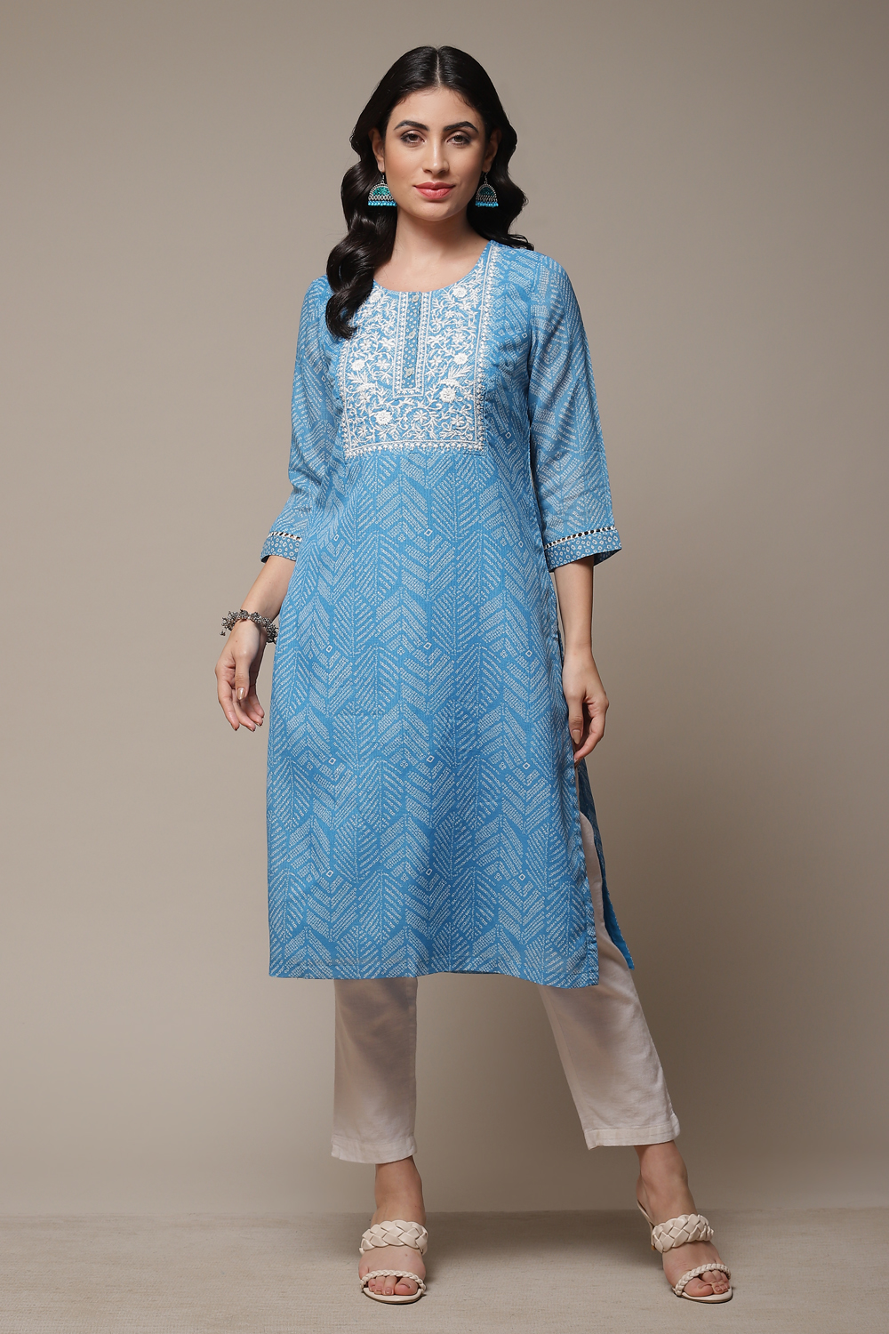 Blue Cotton Blend Straight Printed Kurta image number 1