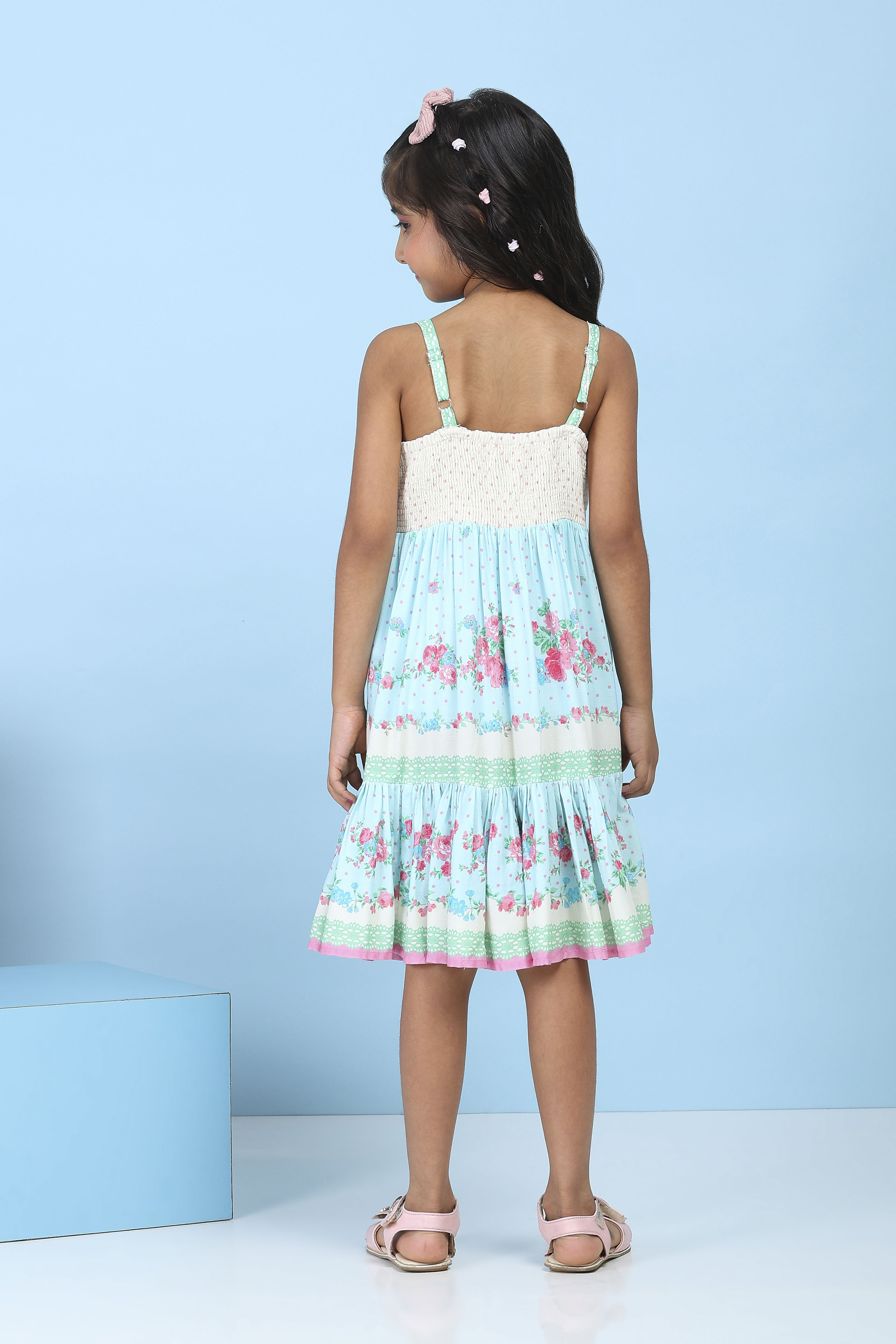 Blue Floral Printed Tiered Flared Dress image number 3