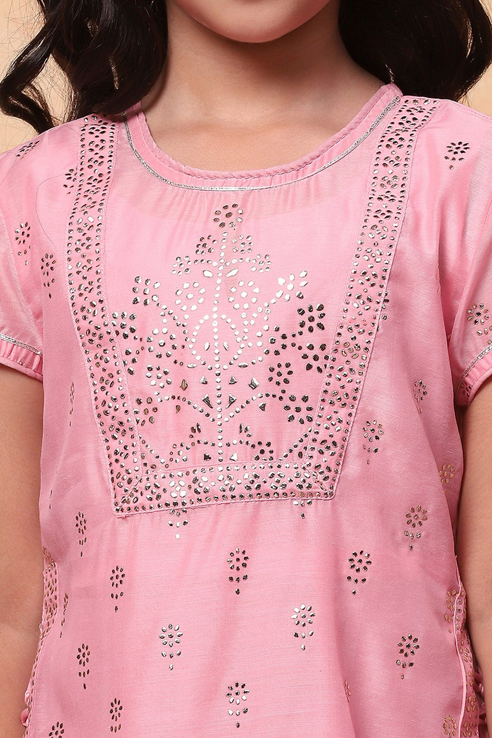 Pink Poly Chanderi Metallic Pattern Layered A-Line Suit Set image number 1