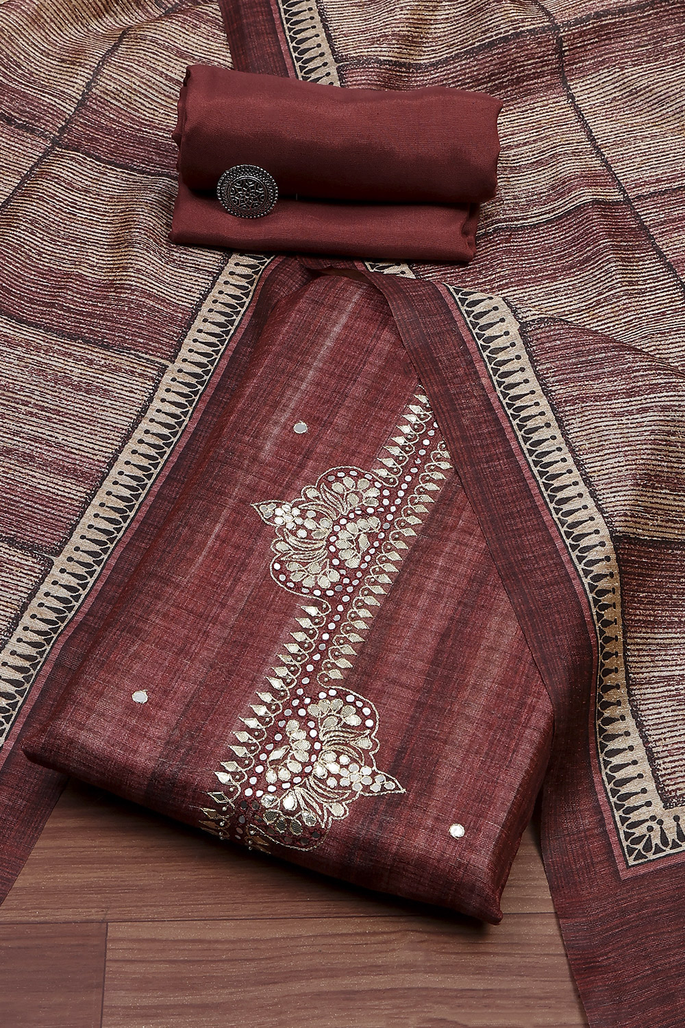 Wine Silk Blend Printed Unstitched Suit Set image number 1