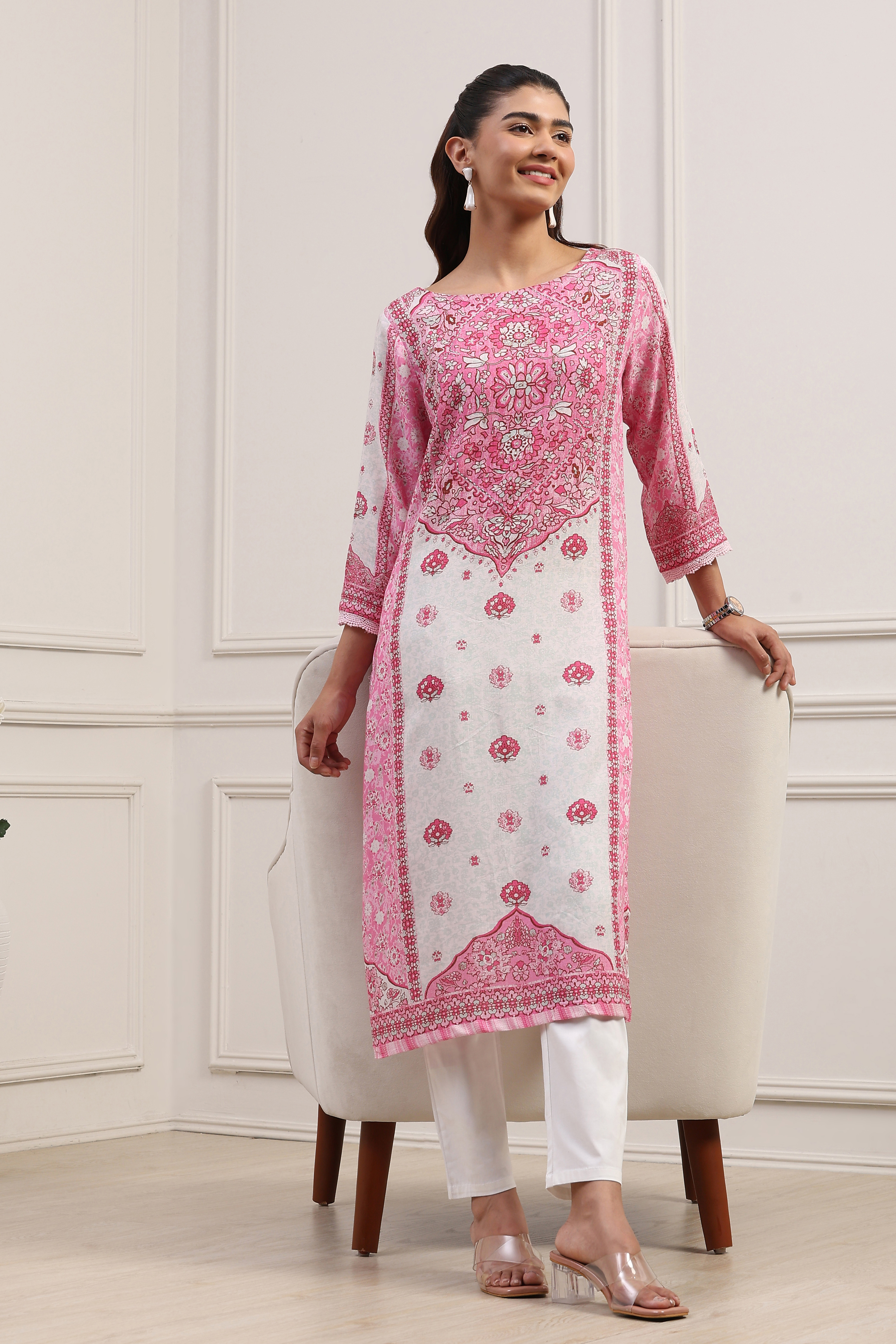 Pink Viscose Rayon Printed Straight Kurta image number 0