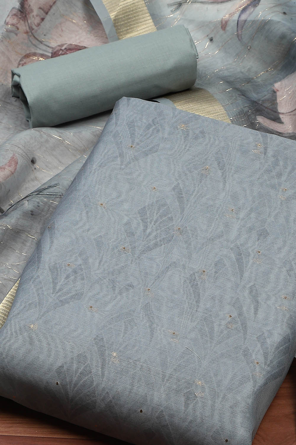 Mint Green Chanderi Double Dupatta Unstitched Suit Set image number 1