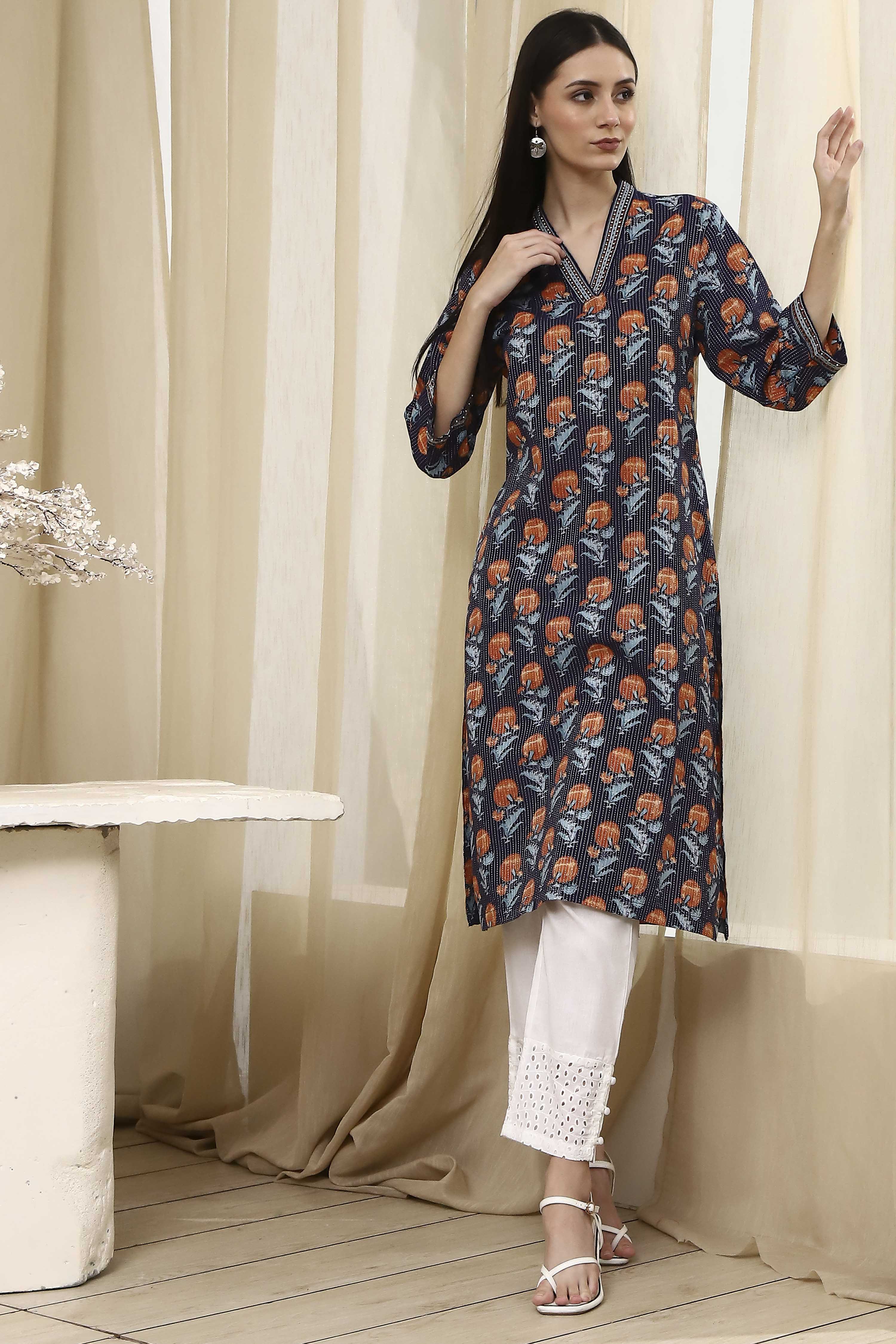 Teal Cotton Printed Straight Kurta image number 6