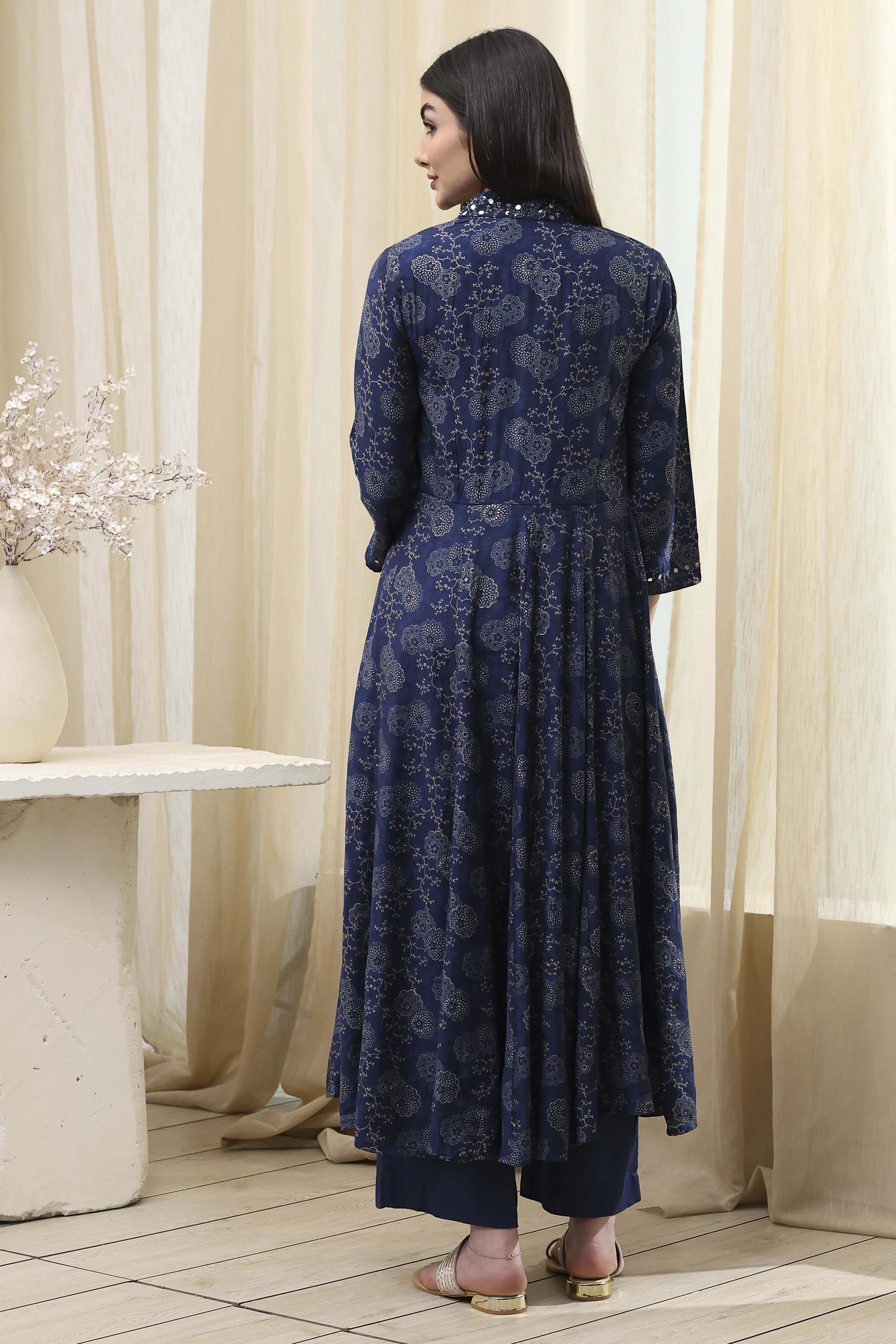 Navy Blue Printed Angrakha Style Anarkali Suit Set image number 4