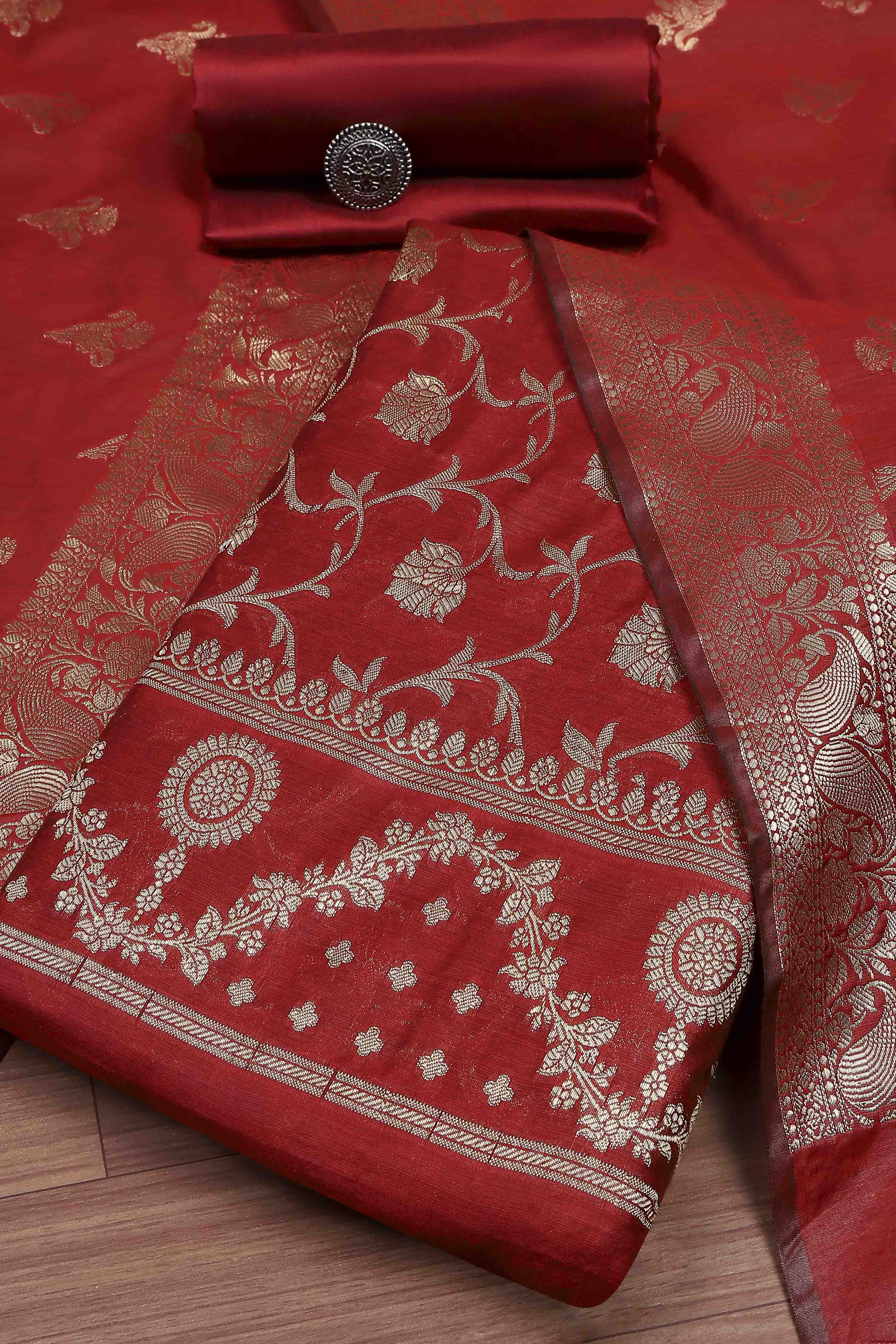 Rani Banarasi Chanderi Banarasi Print Unstitched Suit Set image number 0