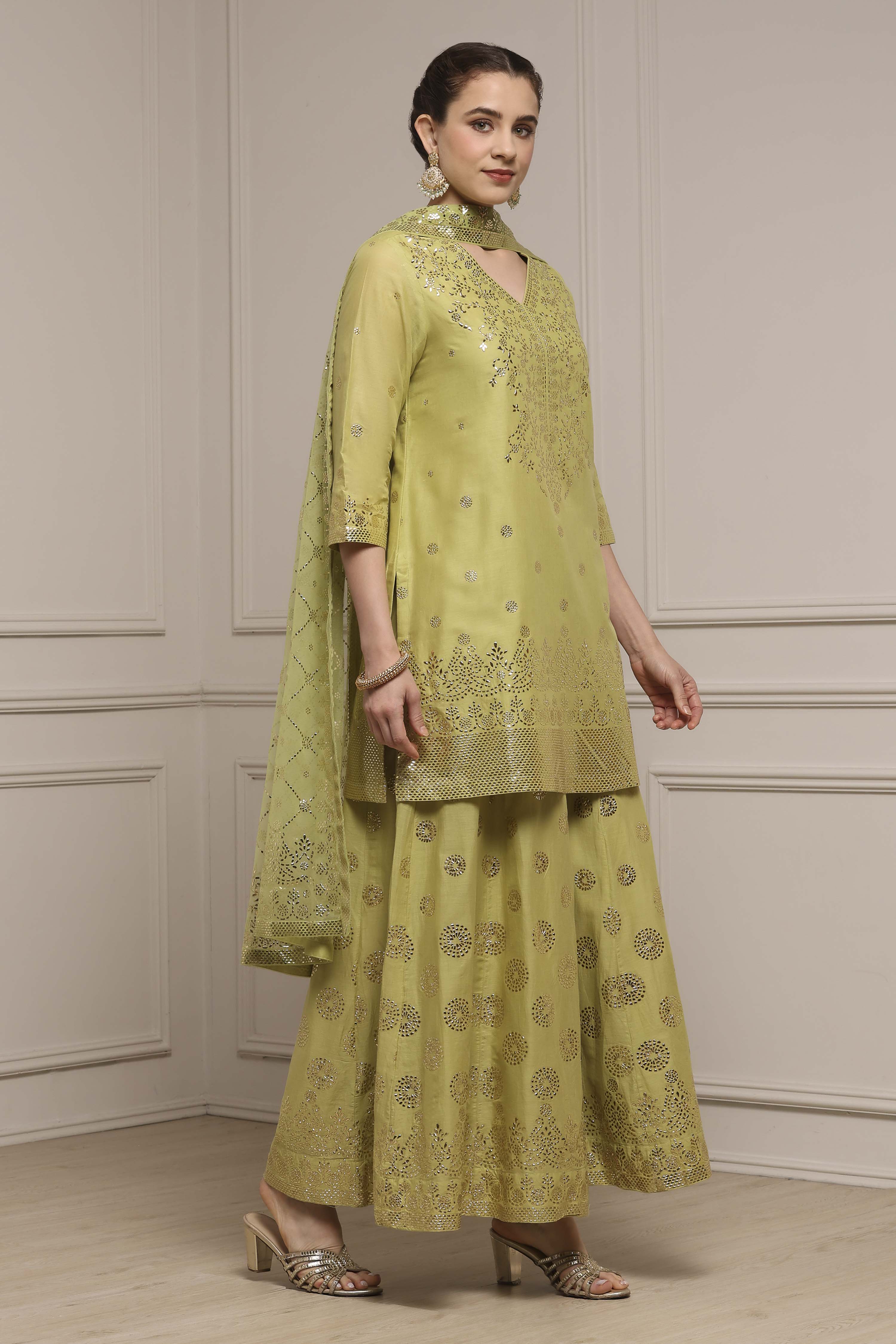 Green Cotton Metallic Pattern Sharara Suit Set image number 5