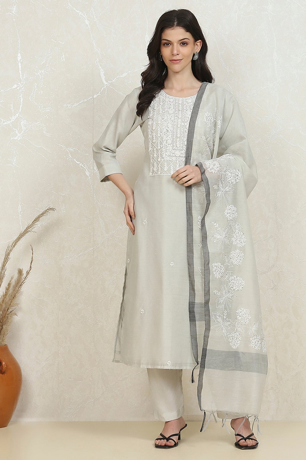 Grey Chanderi Machine Embroidered Unstitched Suit Set image number 7