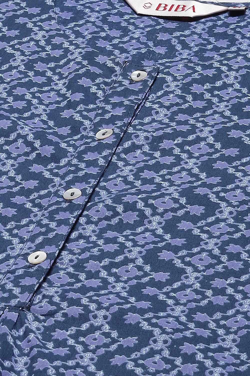 Blue Cotton A-Line Printed Kurta image number 1