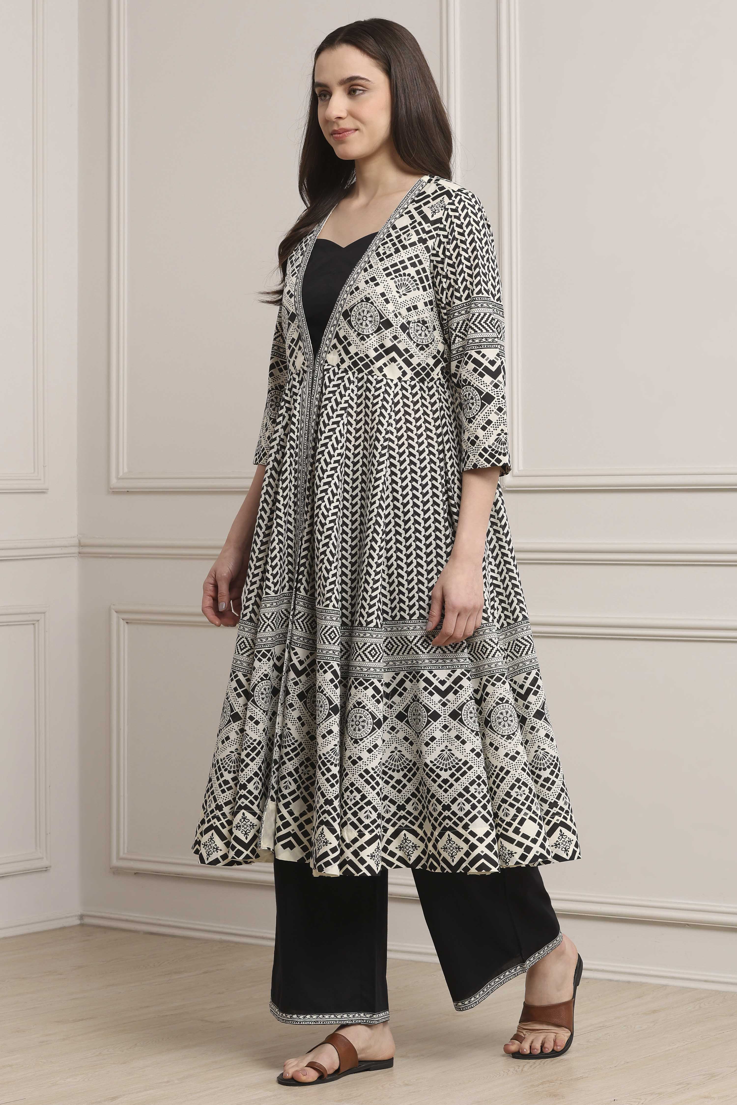 White and Black Cotton Printed Anarkali Fusion Set image number 3
