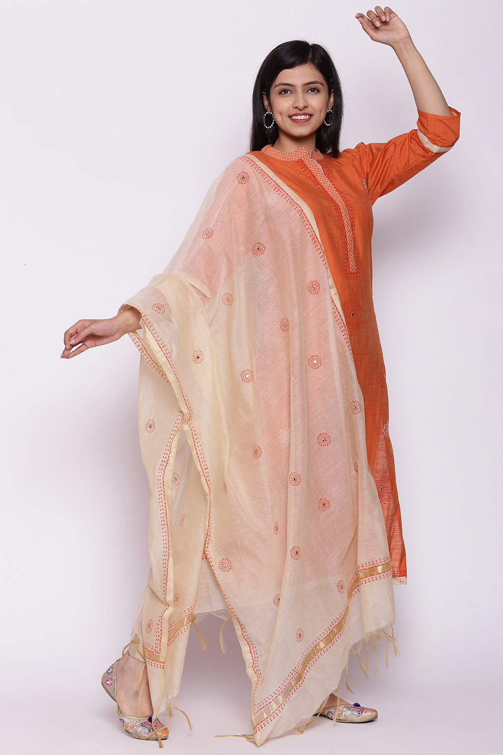Off White Silk Blend Hand Embroidered Unstitched Suit Set image number 6