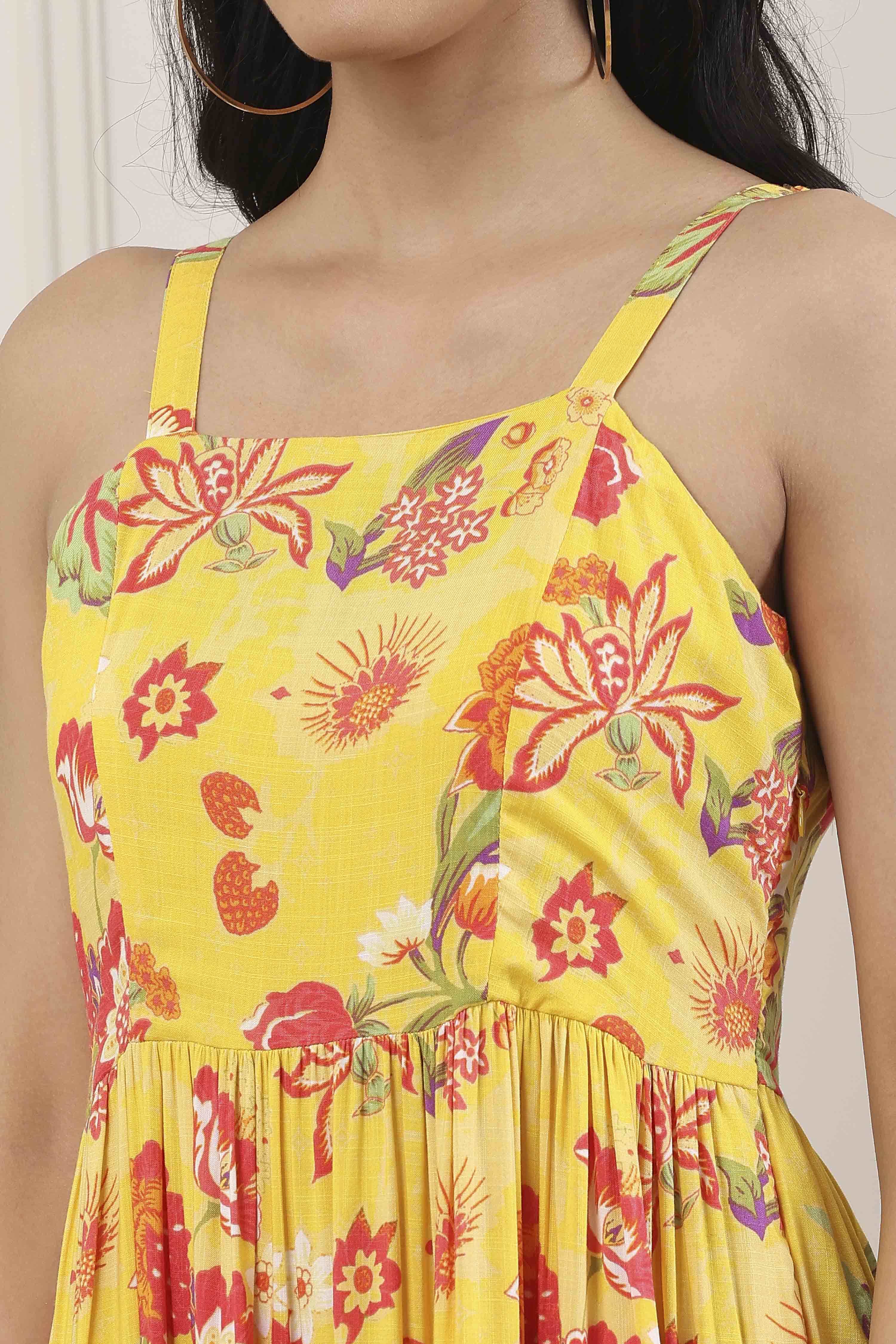 Yellow Floral Printed Strappy Tiered Dress image number 1