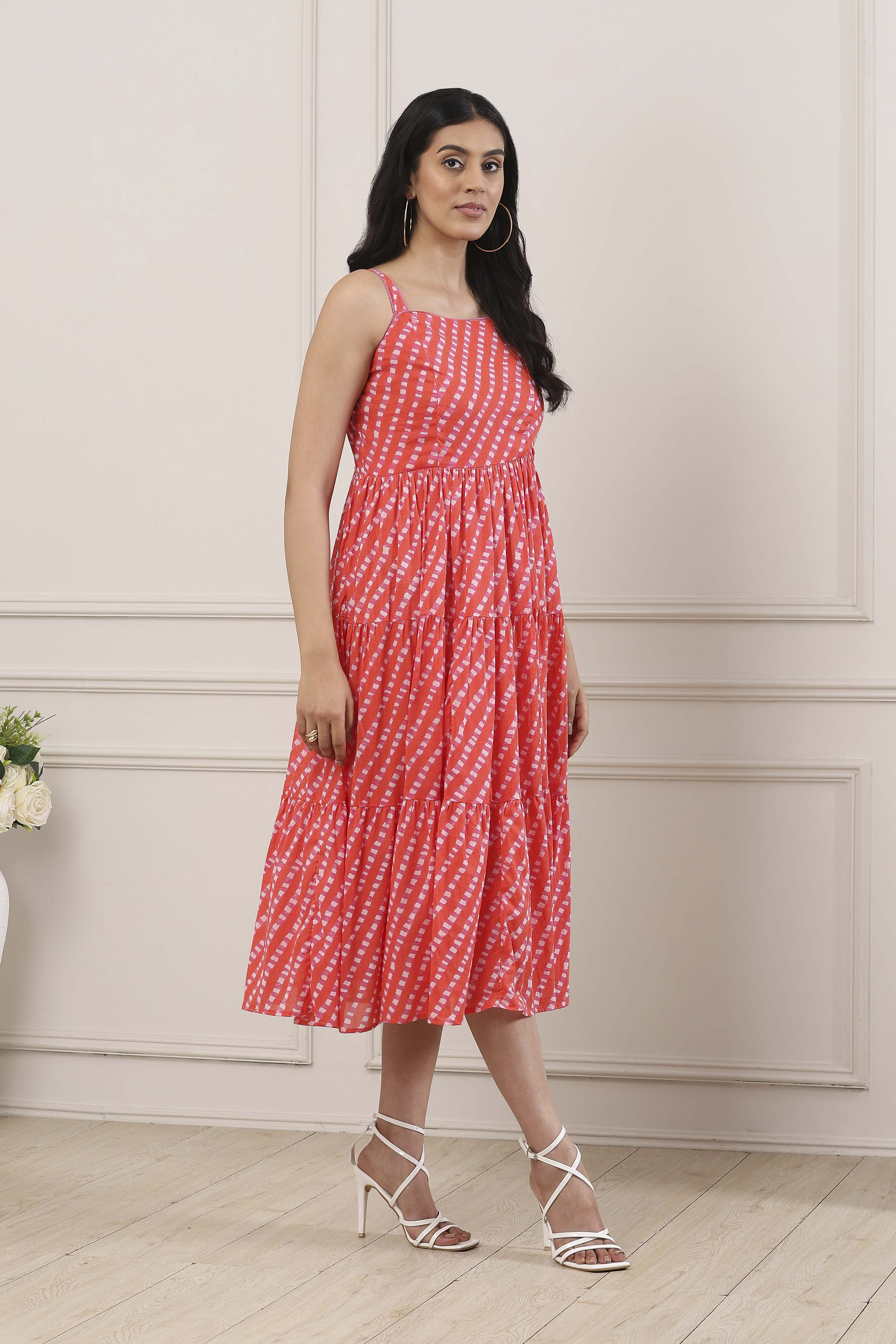 Orange Cotton Geometric Striped Tiered Midi Dress image number 4