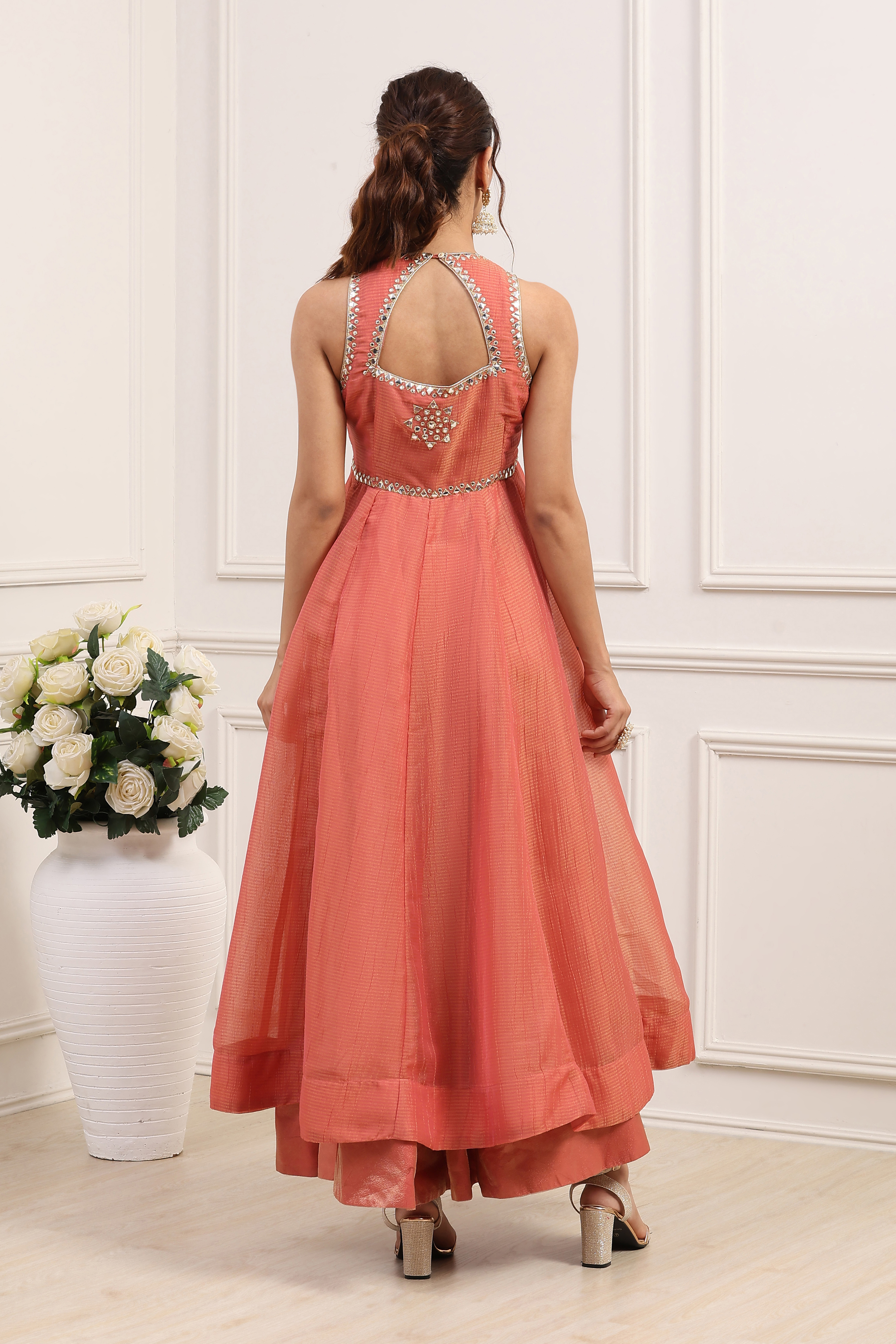 Coral Pink Poly Tissue Mirror Work Anarkali Dress With Dupatta image number 3