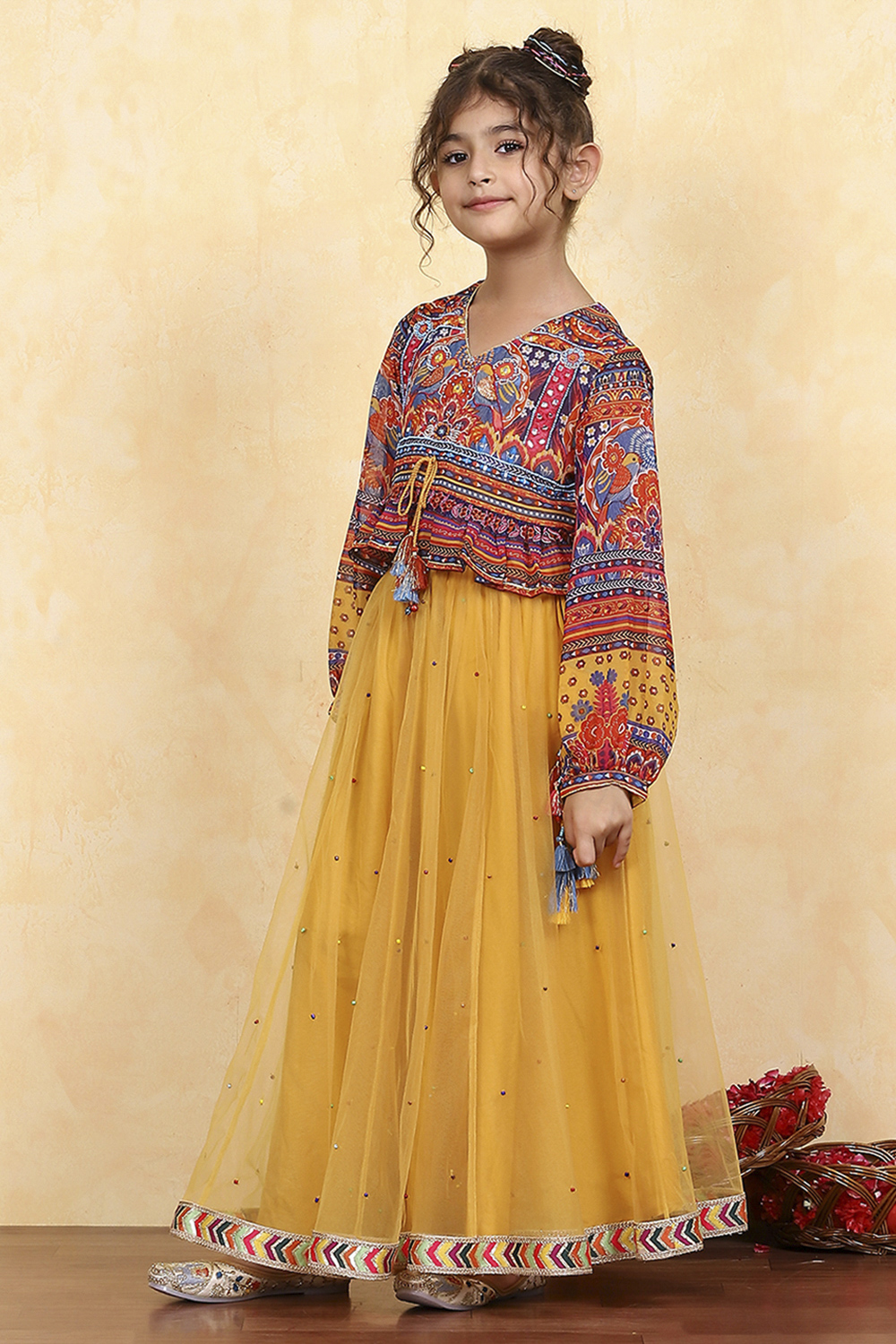 Yellow Polyester Printed Kalidar Lehenga Set image number 3