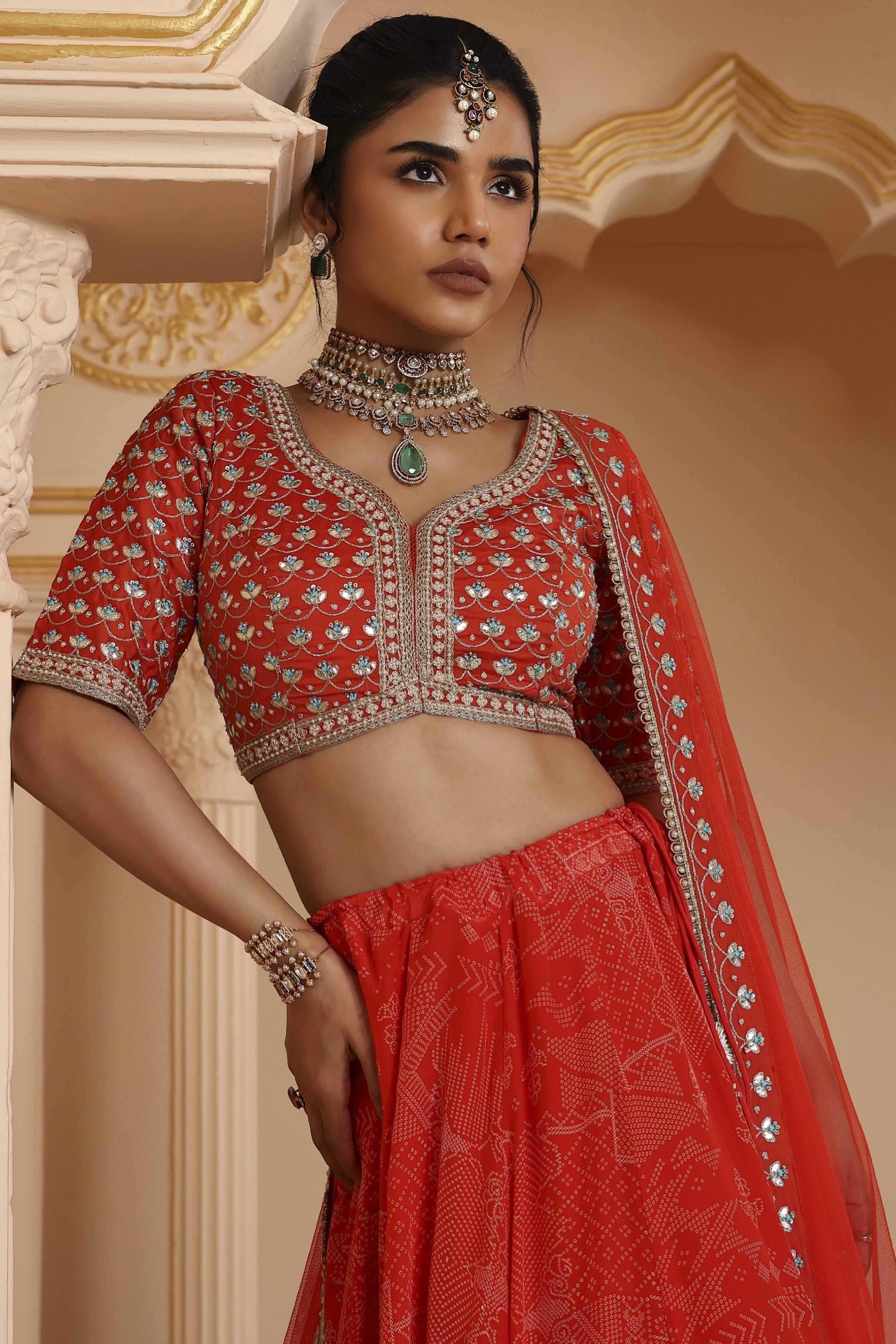Red Chanderi Digital Printed Lehenga Set image number 2