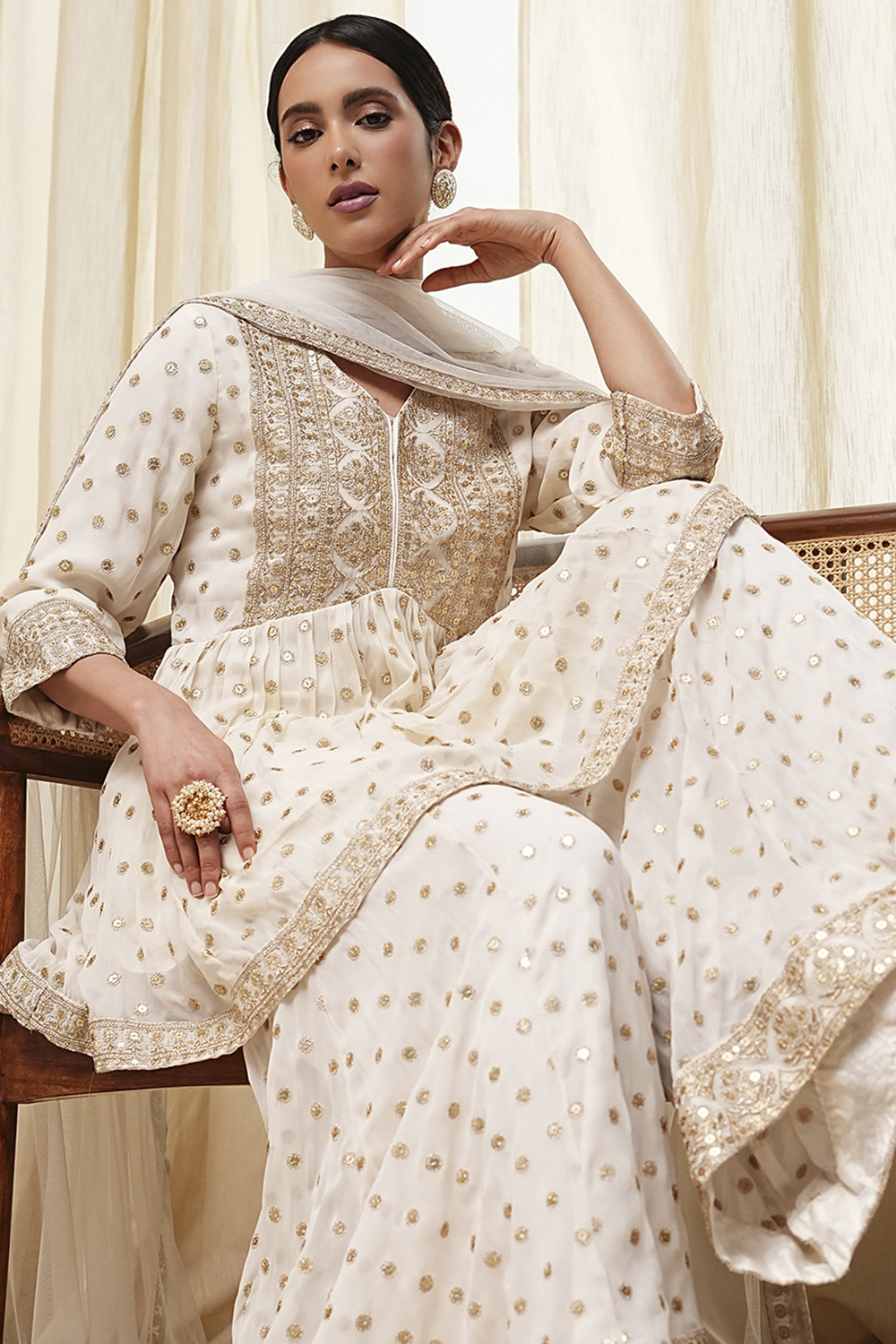 Ivory Georgette Embroidered Peplum Suit Set image number 0