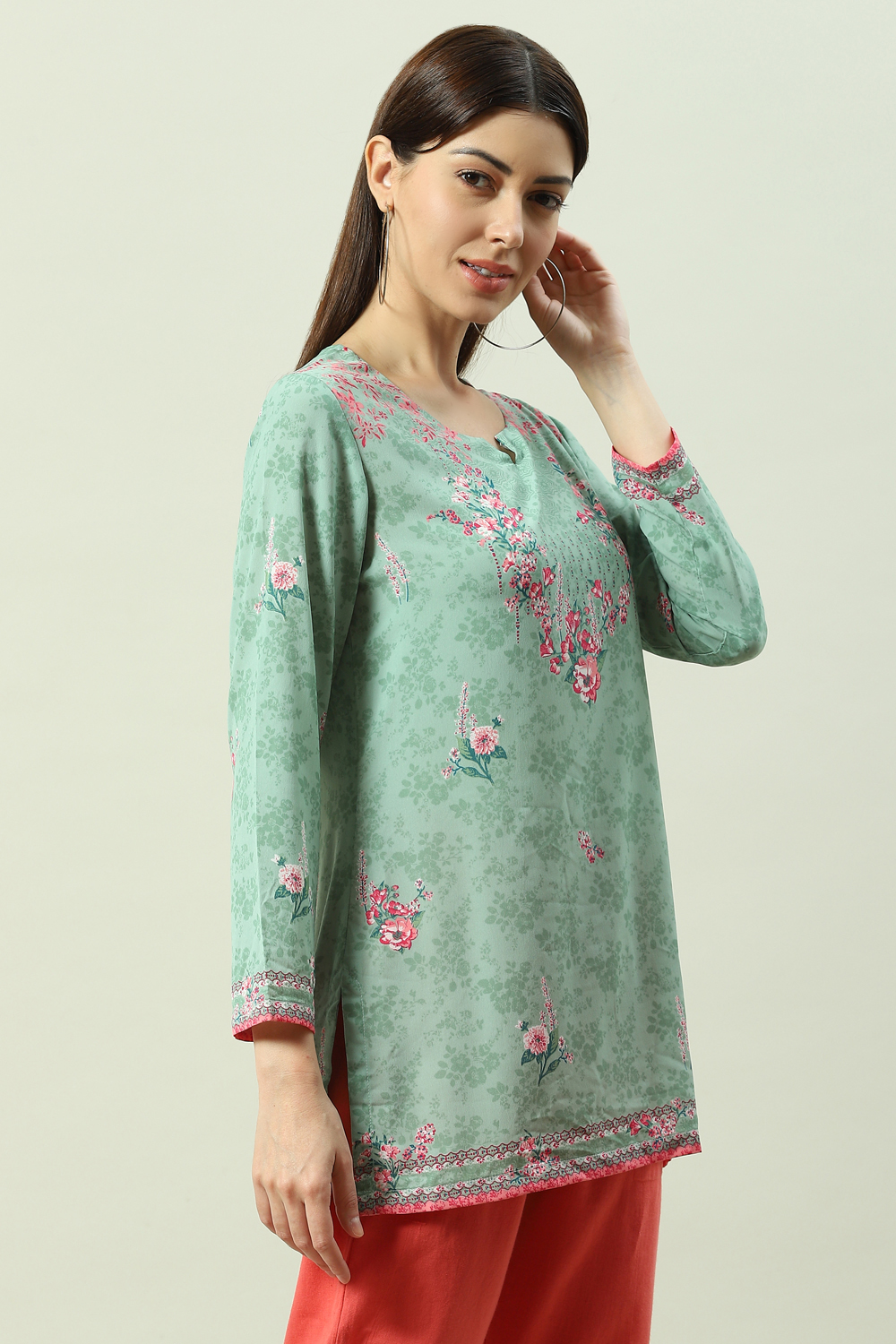 Sea Green Art Silk Printed Short Kurti image number 3