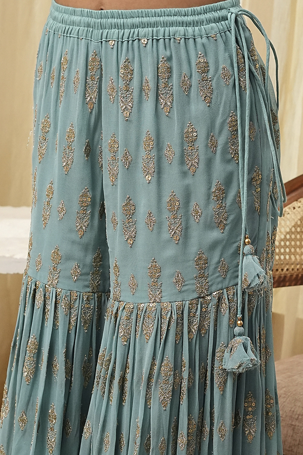 Powder Blue Embroidered Straight Suit Set image number 2