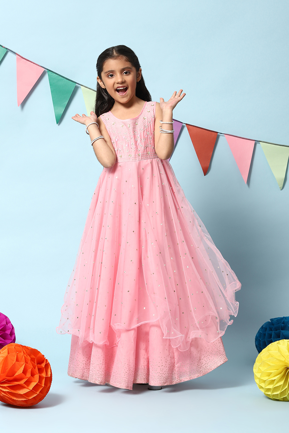 Pink Cotton Blend Gathered Gown image number 5