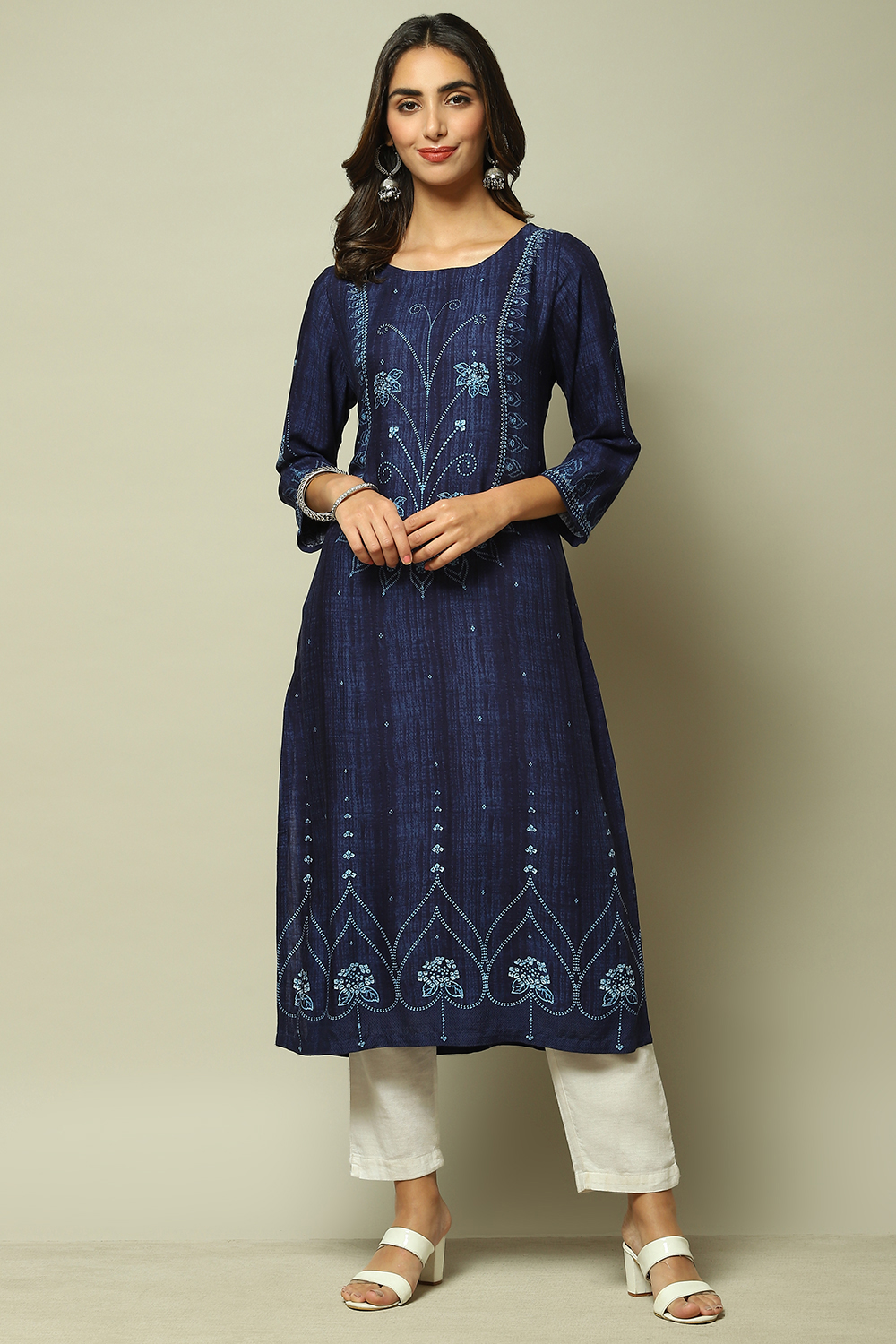Indigo LIVA Straight Printed Kurta image number 1