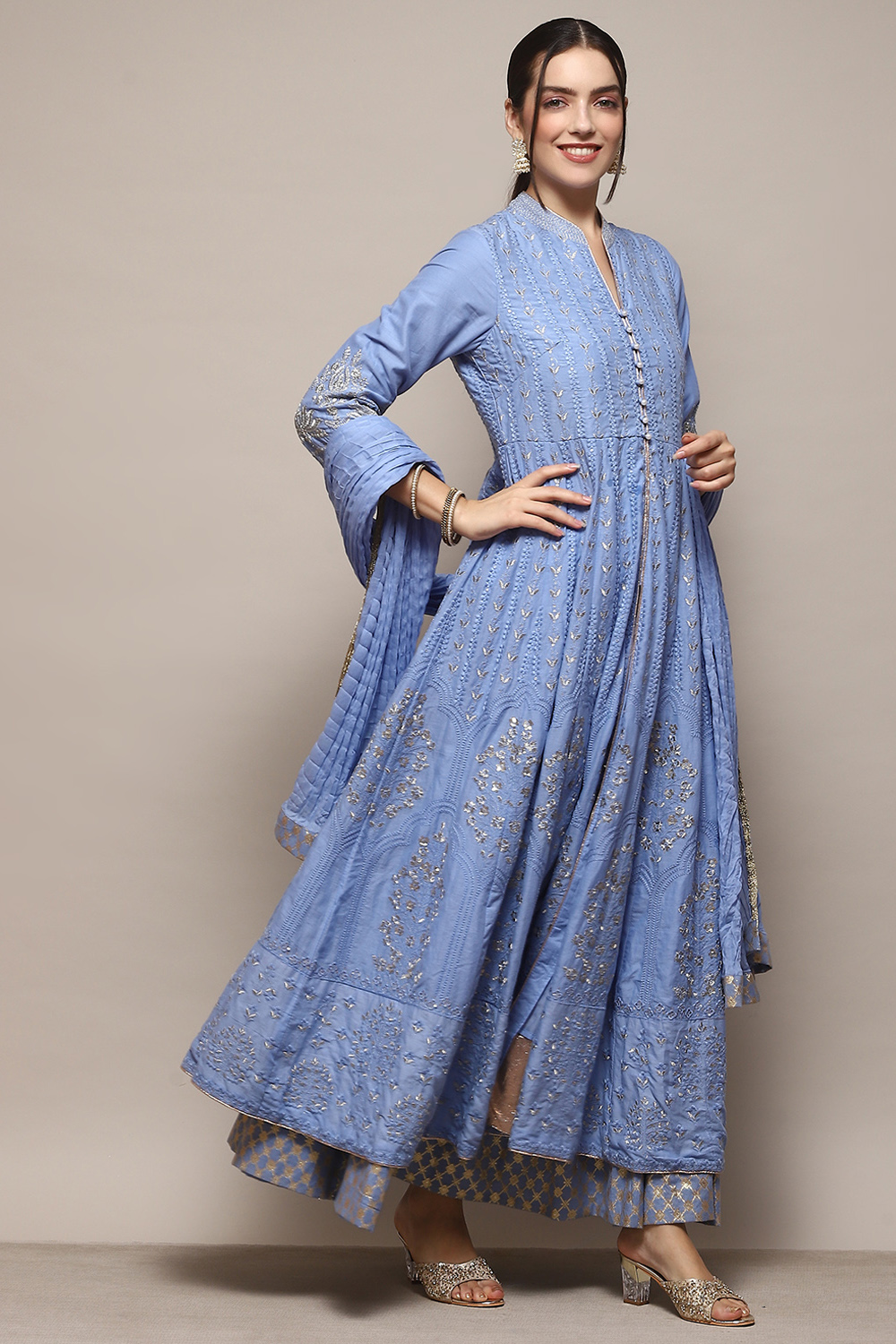Aqua Blue Cotton Anarkali Kurta Lehenga Set image number 6