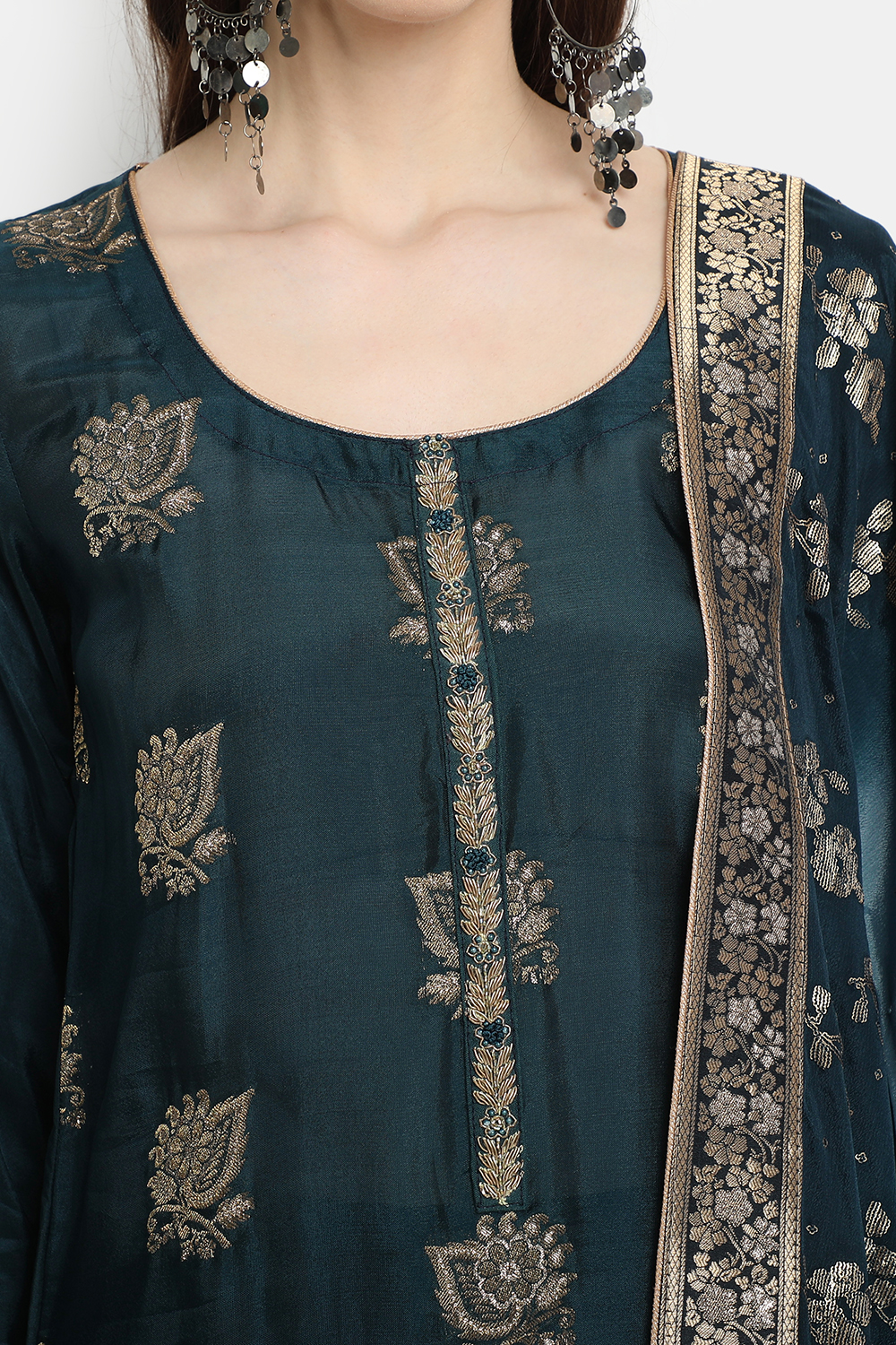 Green Chanderi Silk Unstitched Suit Set image number 1