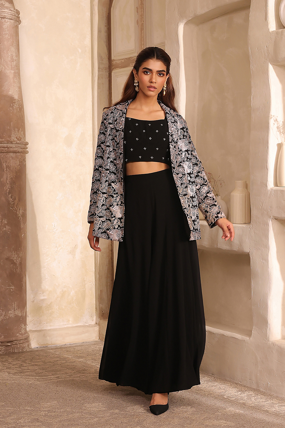Black Poly Georgette Fitted Embroidered Fusion Set image number 4