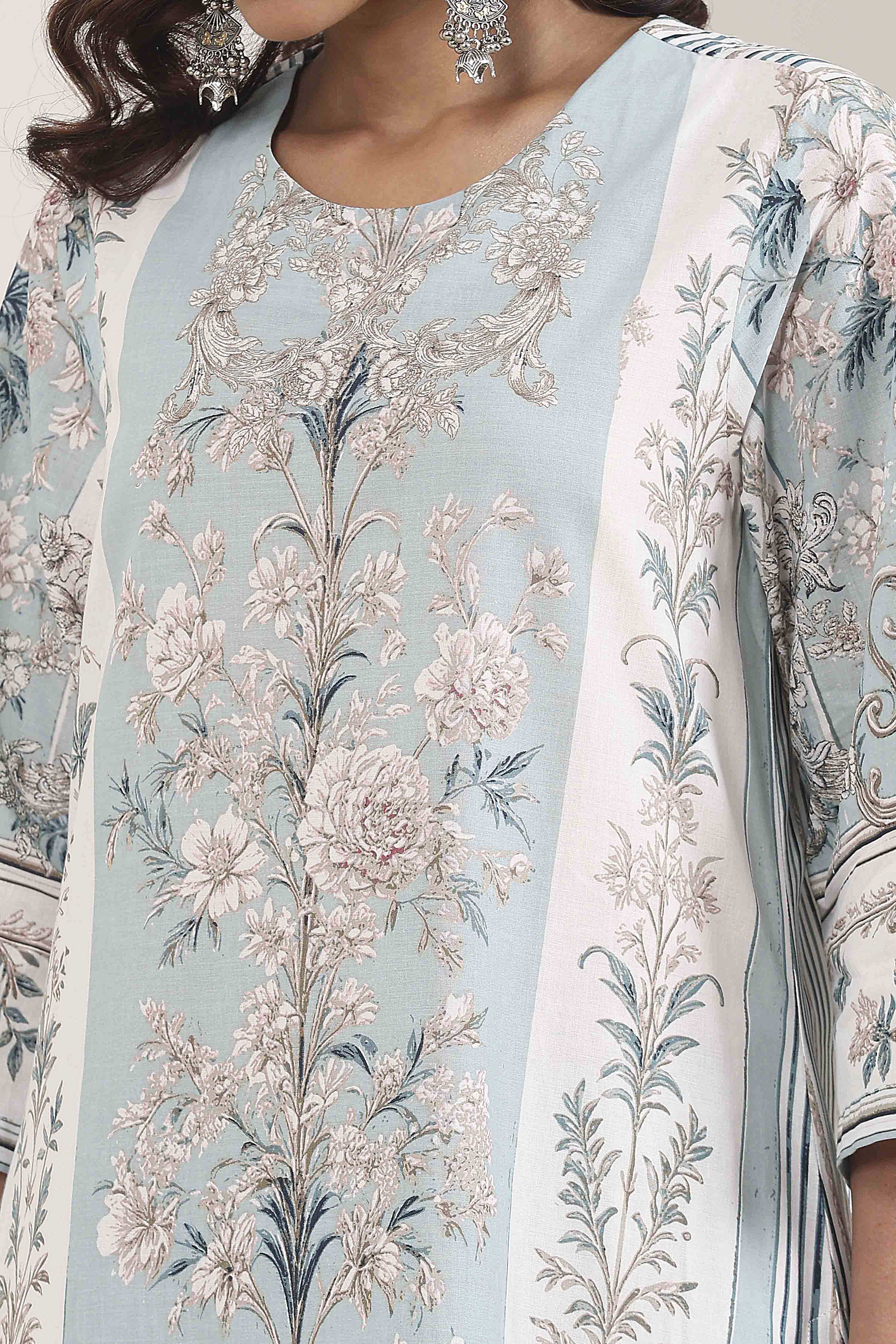 Turquoise Cotton Floral Printed Straight Suit Set image number 1