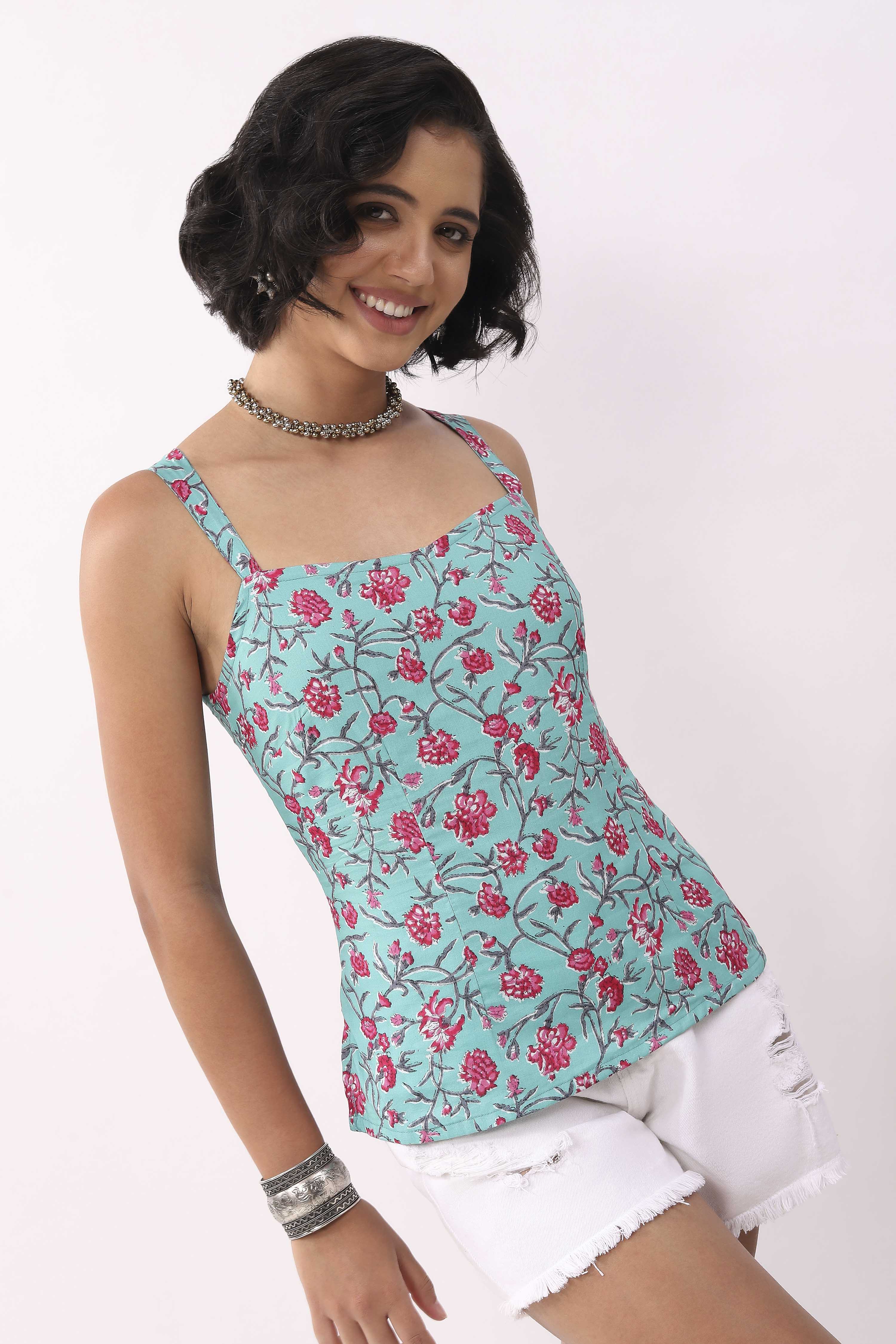 Turquoise Cotton Floral Tie-Up Back Strappy Top image number 3