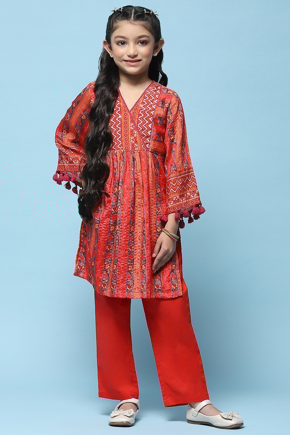 Red Polyester Flared Printed 2 Piece Set image number 6