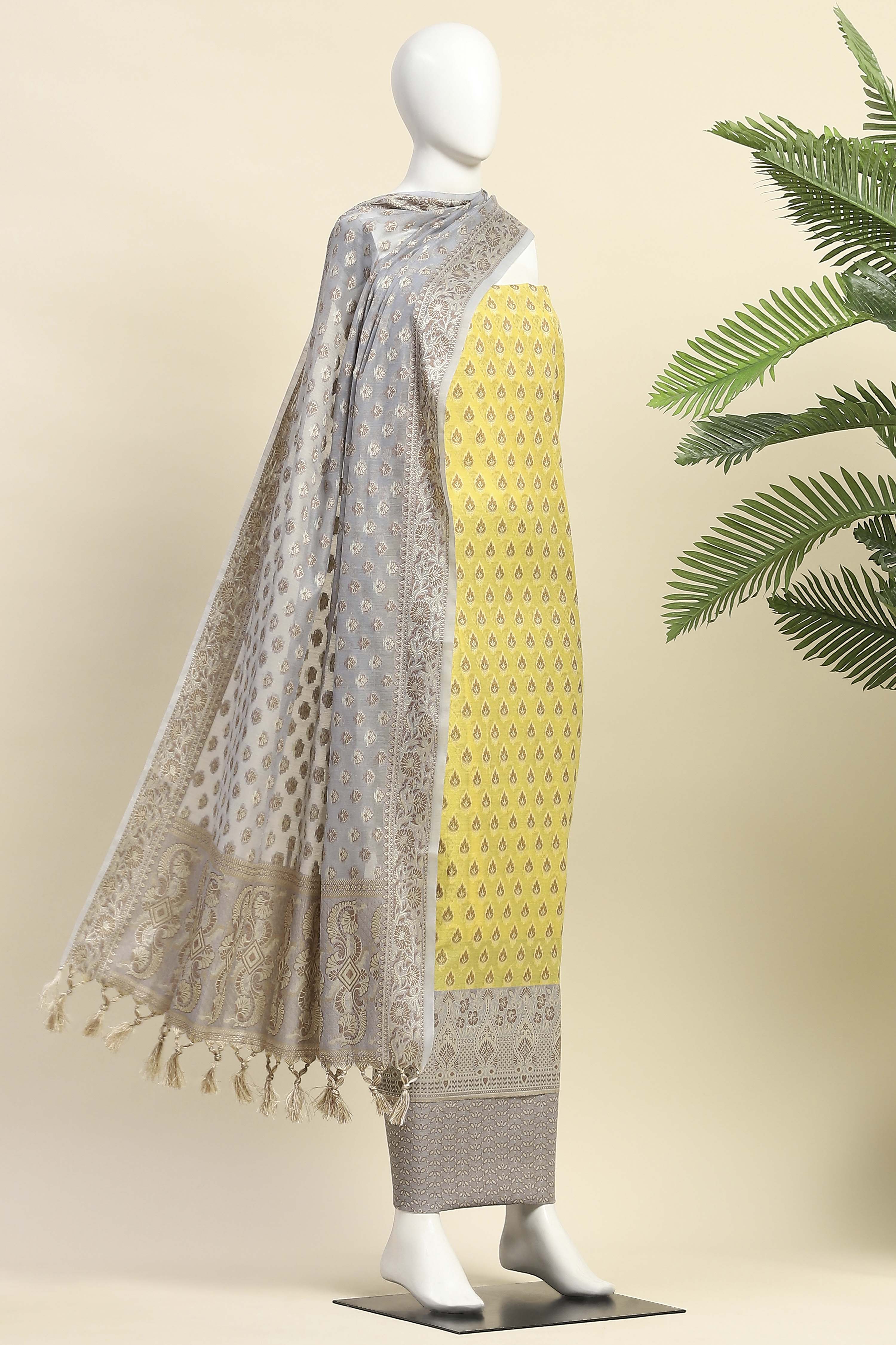 Mustard Poly Cotton Banarasi Unstitched Suit Set image number 4